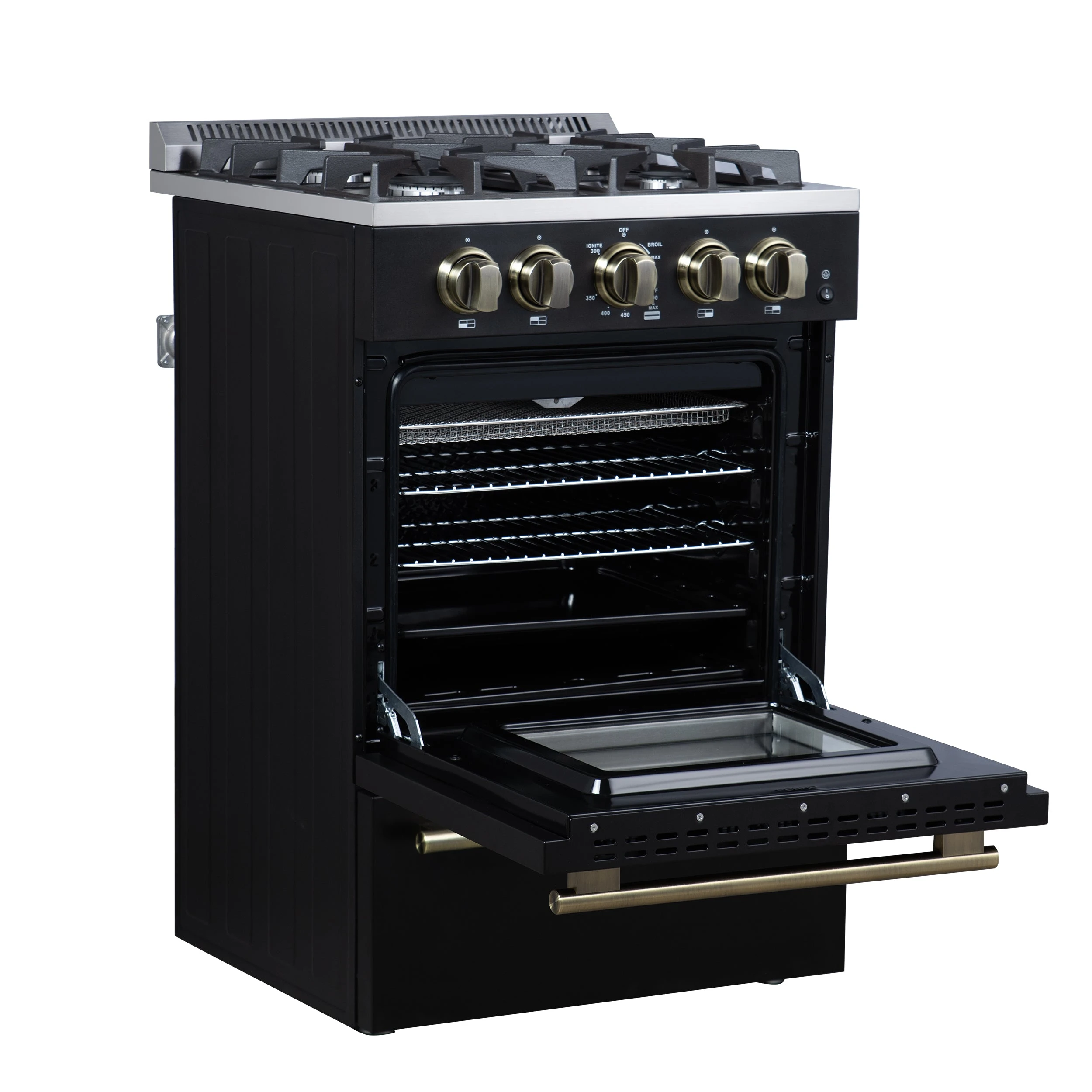 Breno 24 Inch Freestanding Gas Range in with Antique Brass, Plug Included, Energy Efficient FFSGS629024BLK