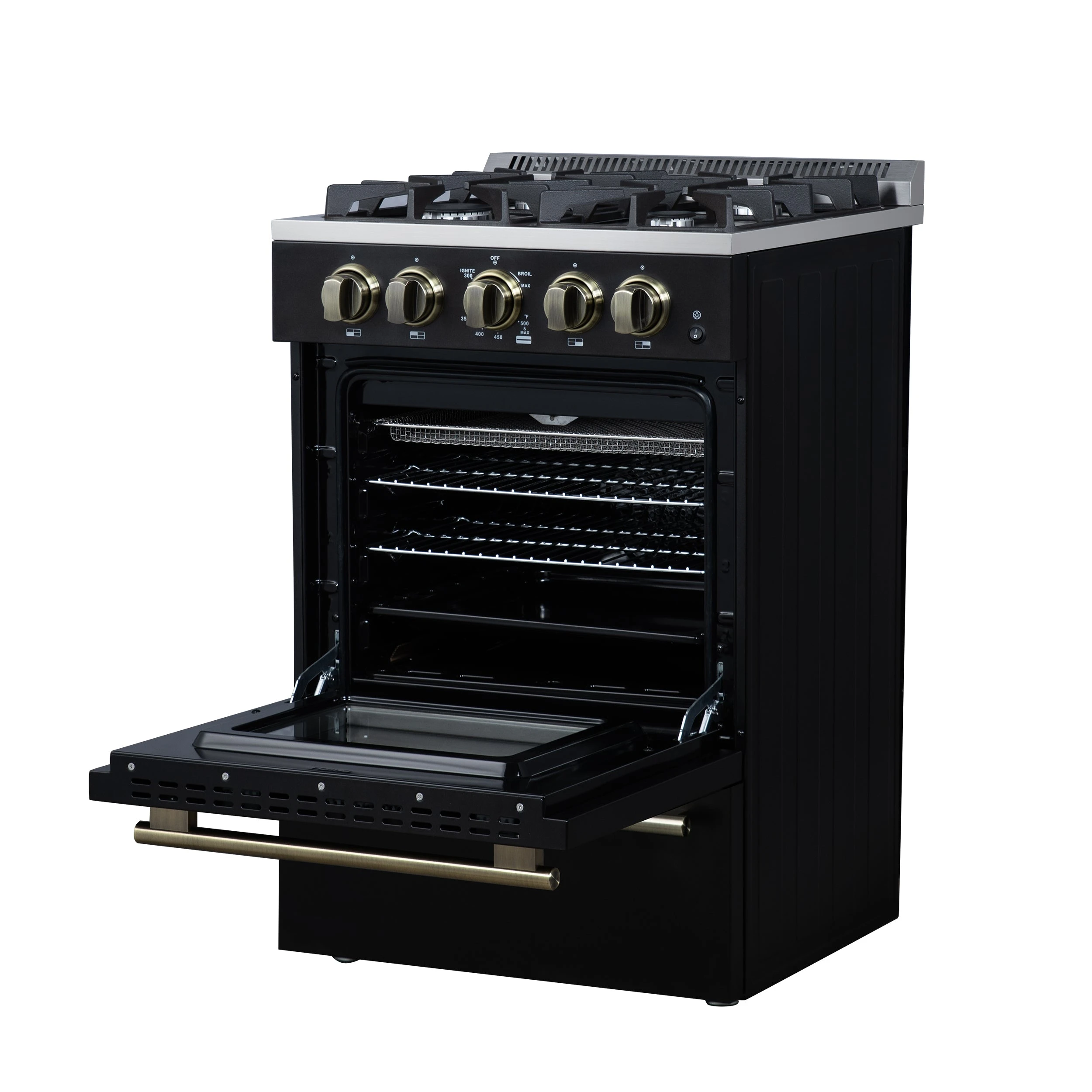 Breno 24 Inch Freestanding Gas Range in with Antique Brass, Plug Included, Energy Efficient FFSGS629024BLK