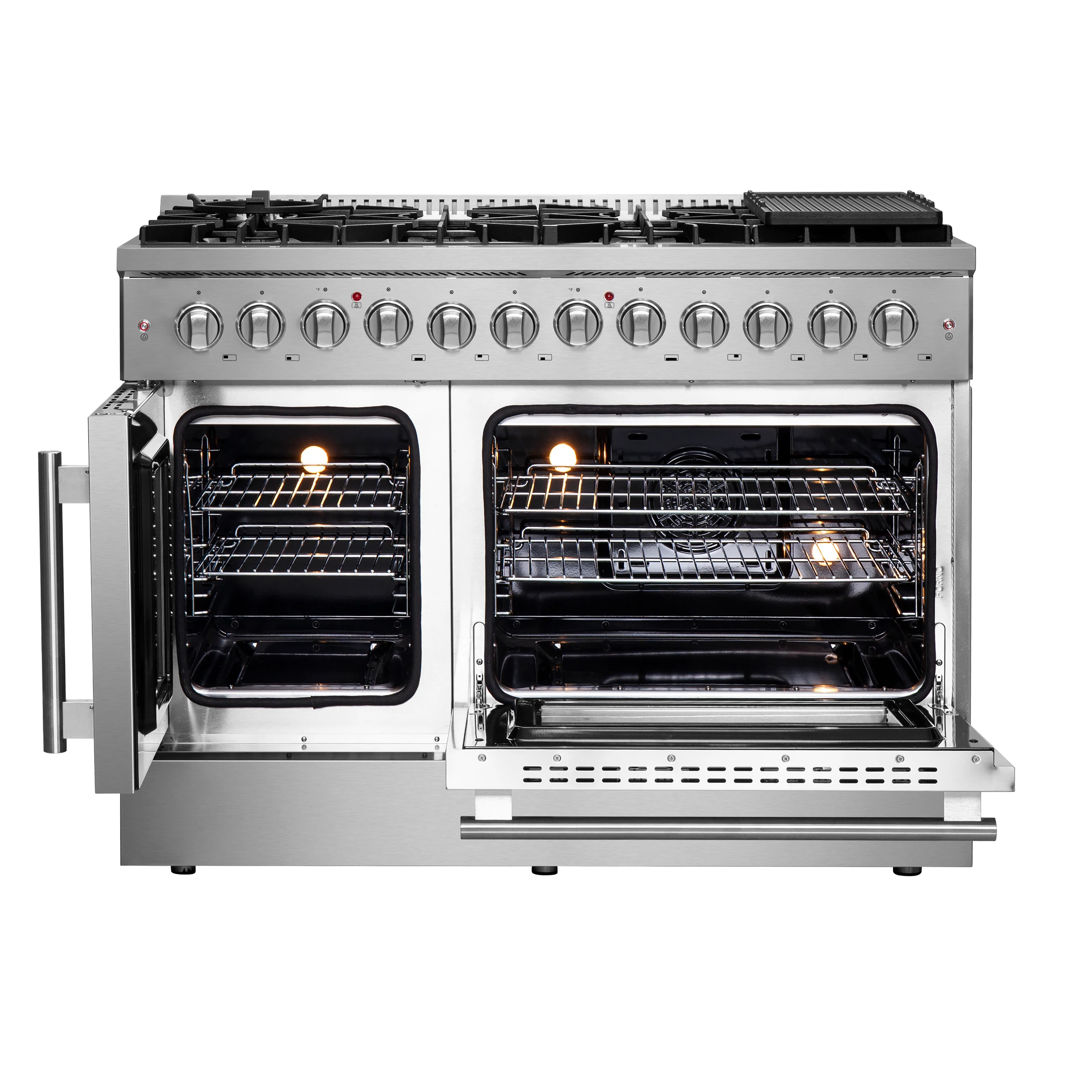 Galiano 48-Inch French Door Dual Fuel Range All Stainless Steel, 8 Sealed Burners, 107,000 BTU, Griddle, 6.58 cu.ft. Double Ovens FFSGS635648