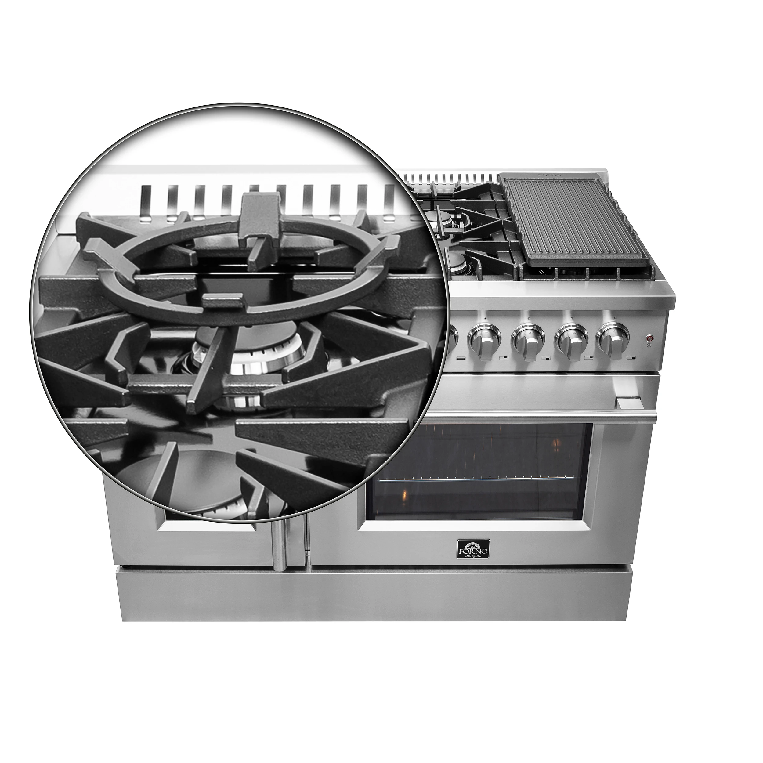 Galiano 48-Inch French Door Dual Fuel Range All Stainless Steel, 8 Sealed Burners, 107,000 BTU, Griddle, 6.58 cu.ft. Double Ovens FFSGS635648