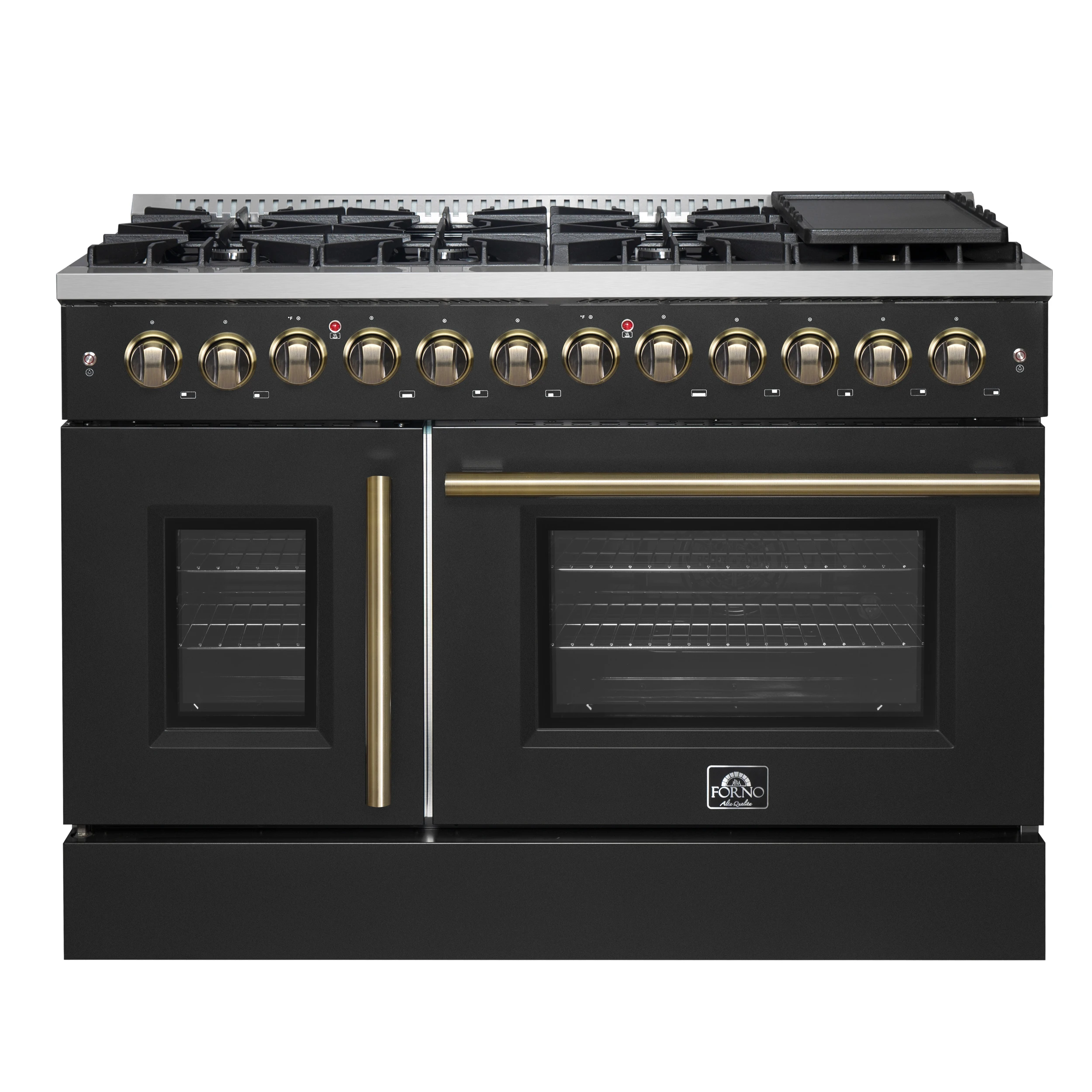 Galiano 48-inch French Door Dual Fuel Range, Black & Antique Brass Design, 8 Sealed Burners - 107,000 BTU, Griddle, 6.58 cu.ft. Double Ovens FFSGS635648BLK
