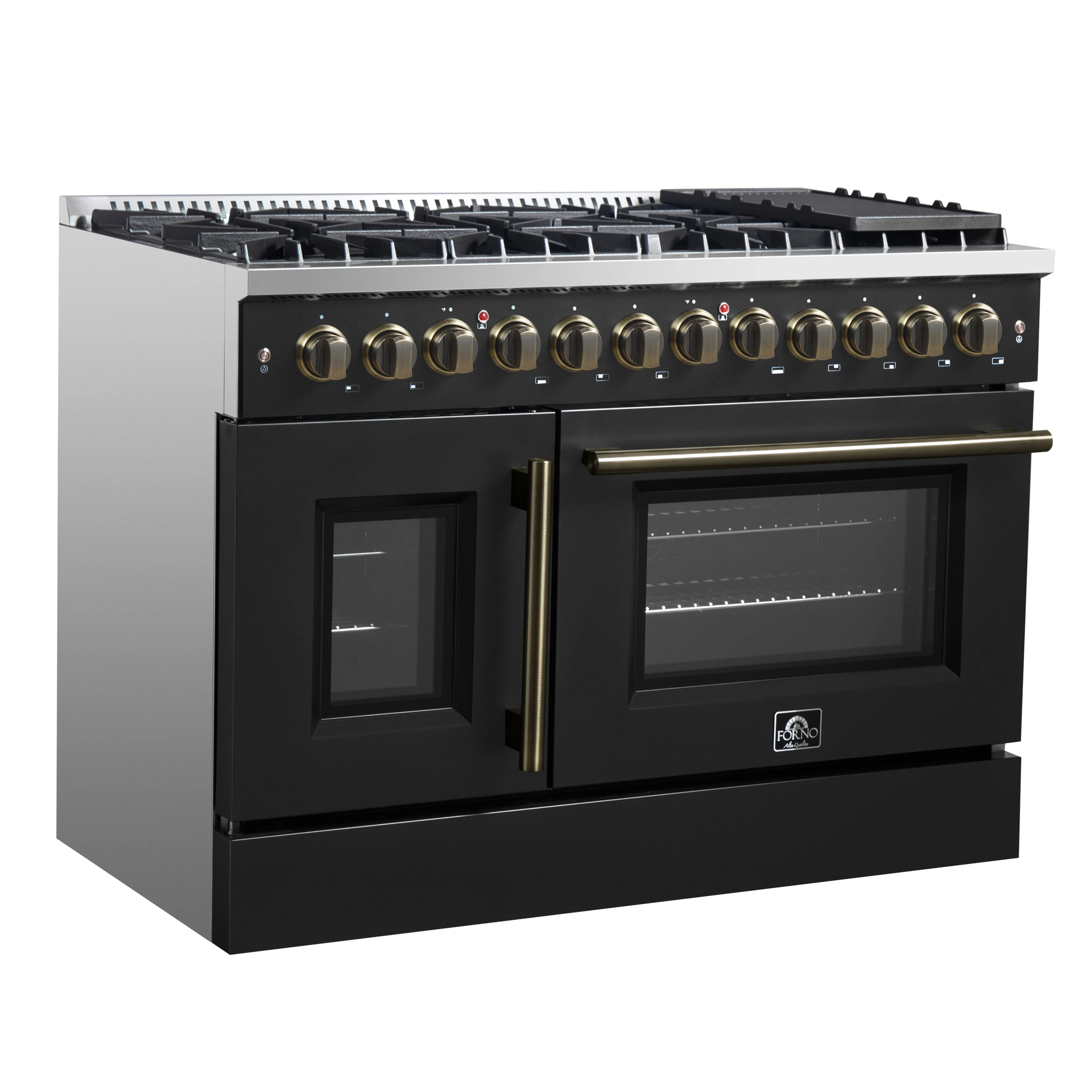 Galiano 48-inch French Door Dual Fuel Range, Black & Antique Brass Design, 8 Sealed Burners - 107,000 BTU, Griddle, 6.58 cu.ft. Double Ovens FFSGS635648BLK