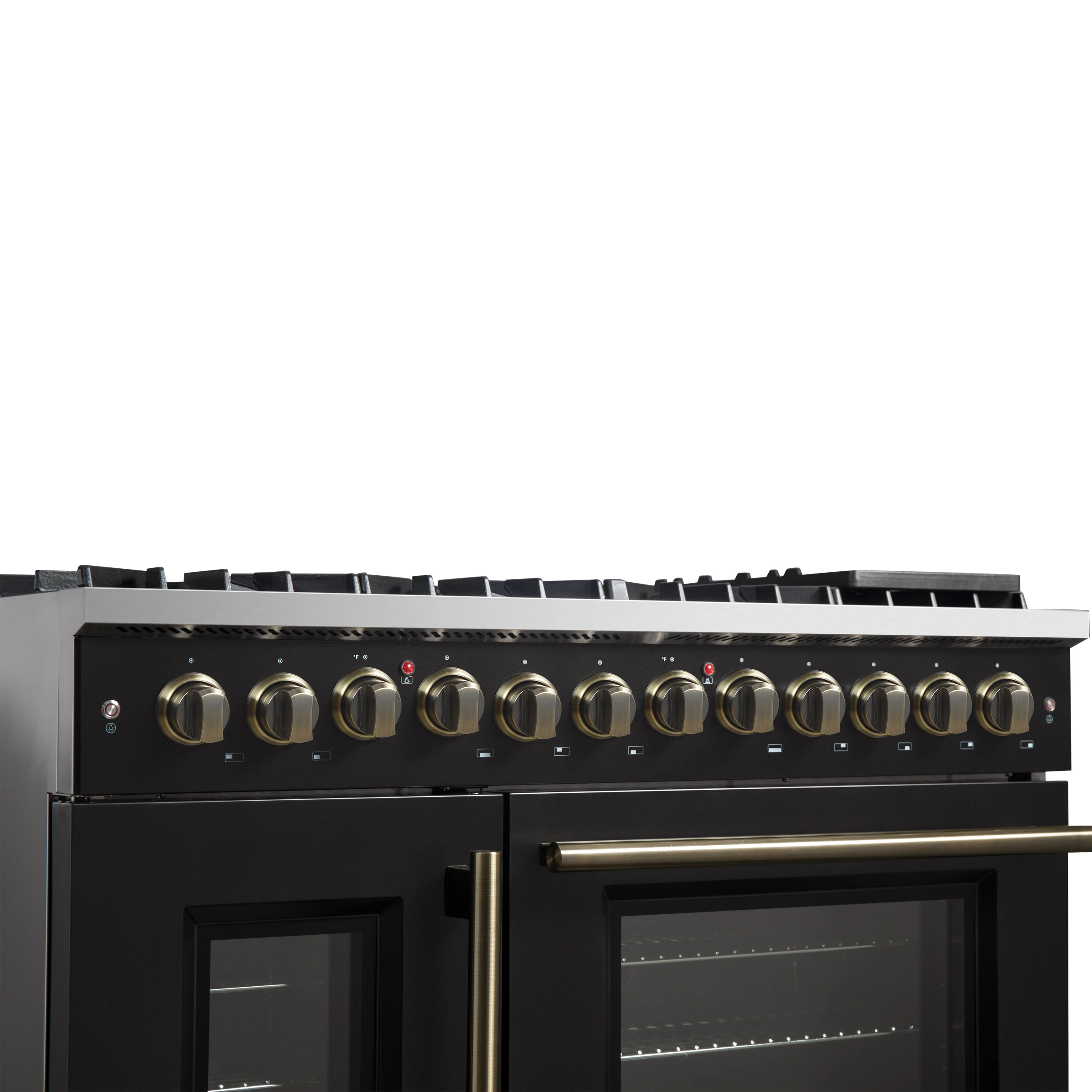 Galiano 48-inch French Door Dual Fuel Range, Black & Antique Brass Design, 8 Sealed Burners - 107,000 BTU, Griddle, 6.58 cu.ft. Double Ovens FFSGS635648BLK