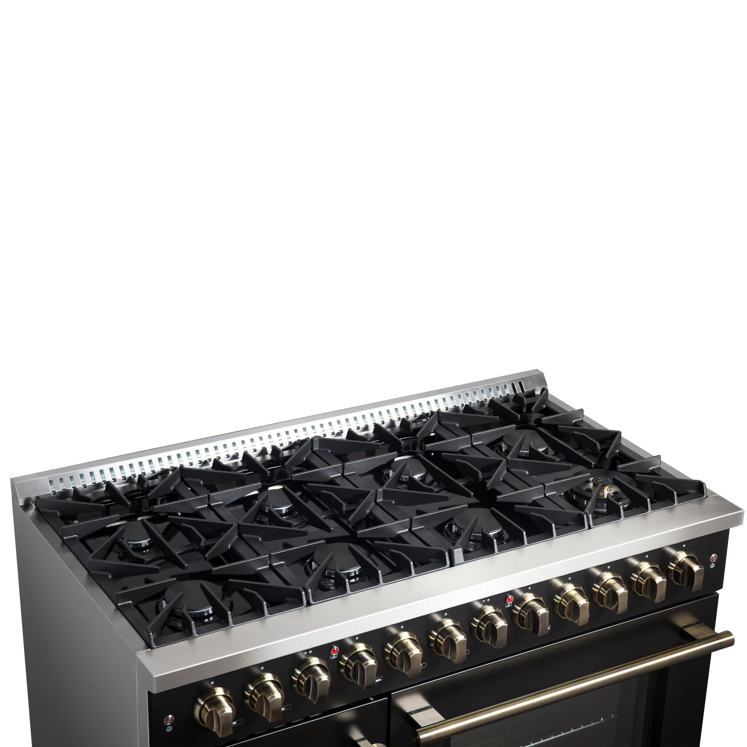 Galiano 48-inch French Door Dual Fuel Range, Black & Antique Brass Design, 8 Sealed Burners - 107,000 BTU, Griddle, 6.58 cu.ft. Double Ovens FFSGS635648BLK