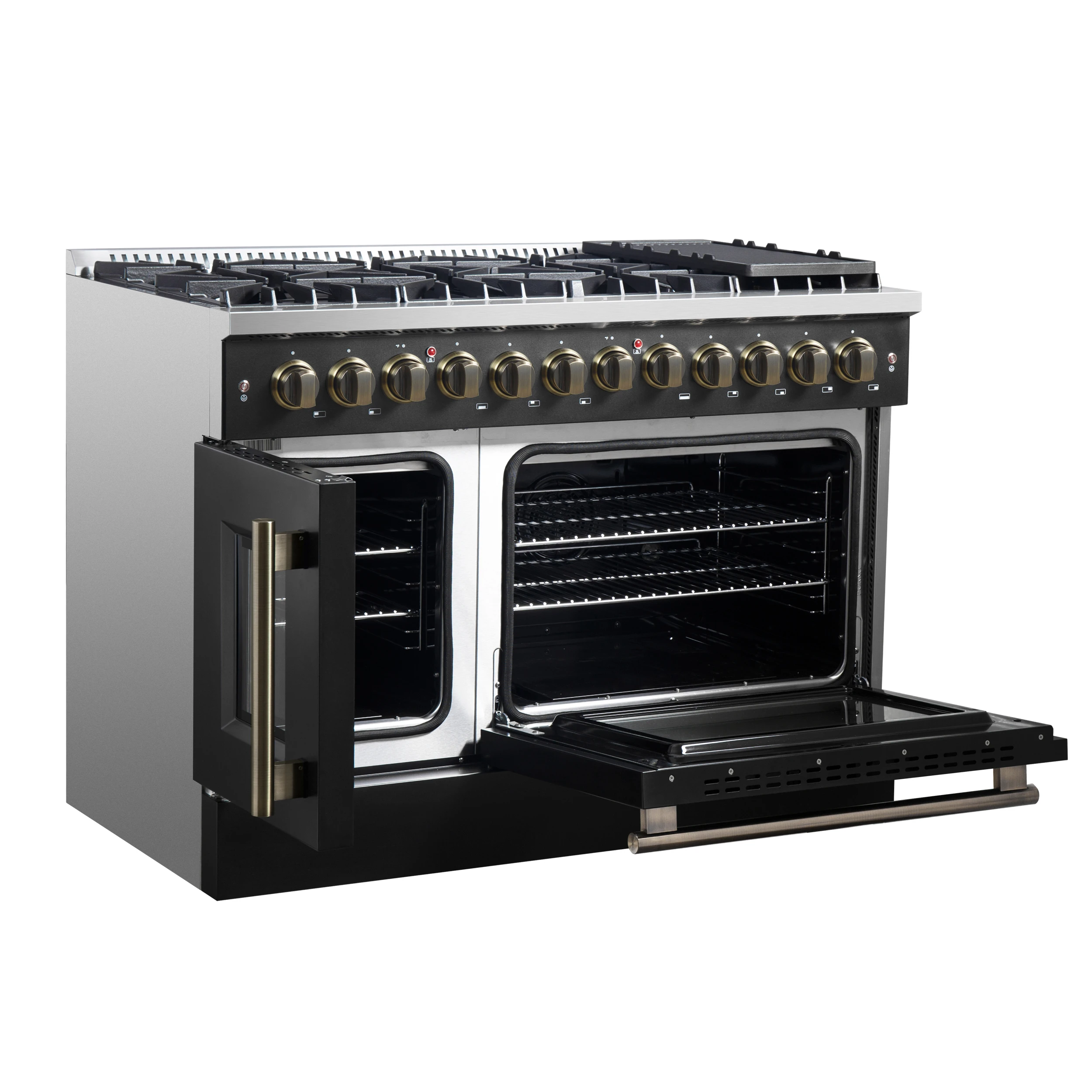 Galiano 48-inch French Door Dual Fuel Range, Black & Antique Brass Design, 8 Sealed Burners - 107,000 BTU, Griddle, 6.58 cu.ft. Double Ovens FFSGS635648BLK