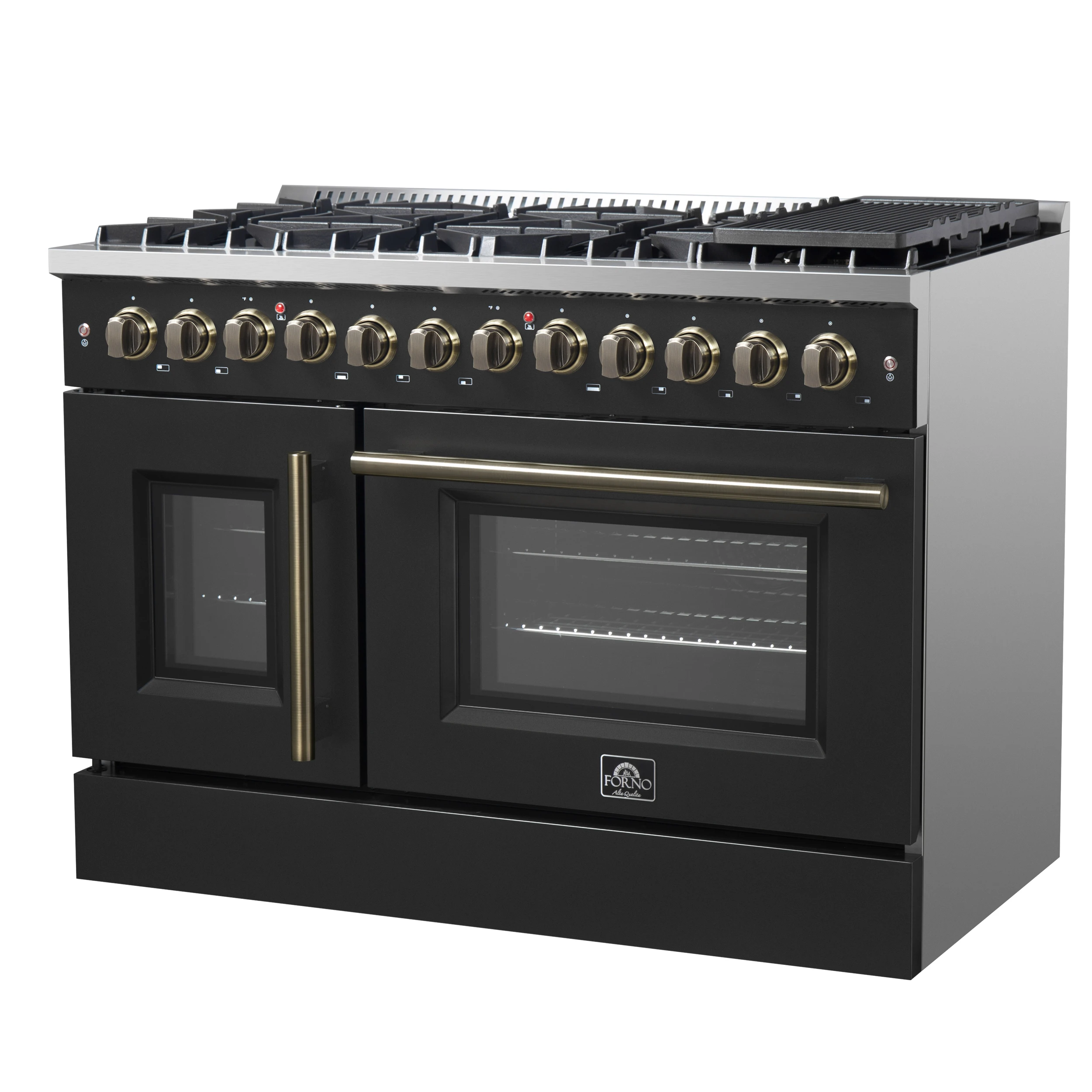 Galiano 48-inch French Door Dual Fuel Range, Black & Antique Brass Design, 8 Sealed Burners - 107,000 BTU, Griddle, 6.58 cu.ft. Double Ovens FFSGS635648BLK
