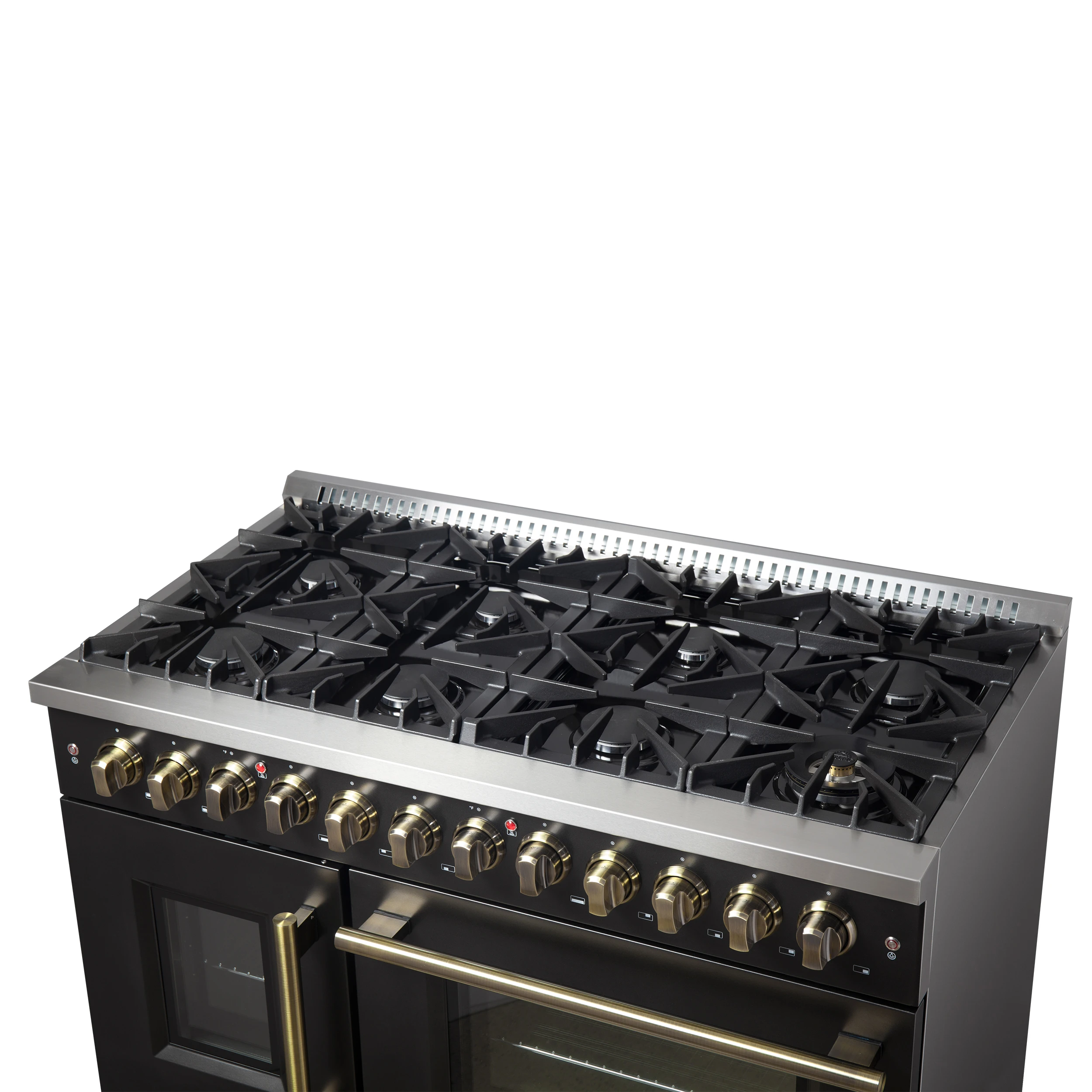 Galiano 48-inch French Door Dual Fuel Range, Black & Antique Brass Design, 8 Sealed Burners - 107,000 BTU, Griddle, 6.58 cu.ft. Double Ovens FFSGS635648BLK