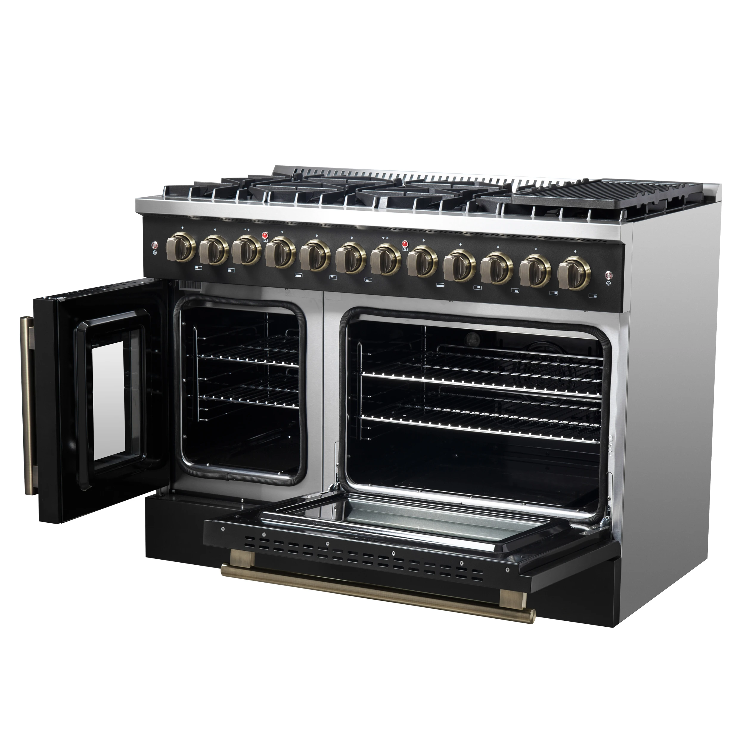 Galiano 48-inch French Door Dual Fuel Range, Black & Antique Brass Design, 8 Sealed Burners - 107,000 BTU, Griddle, 6.58 cu.ft. Double Ovens FFSGS635648BLK