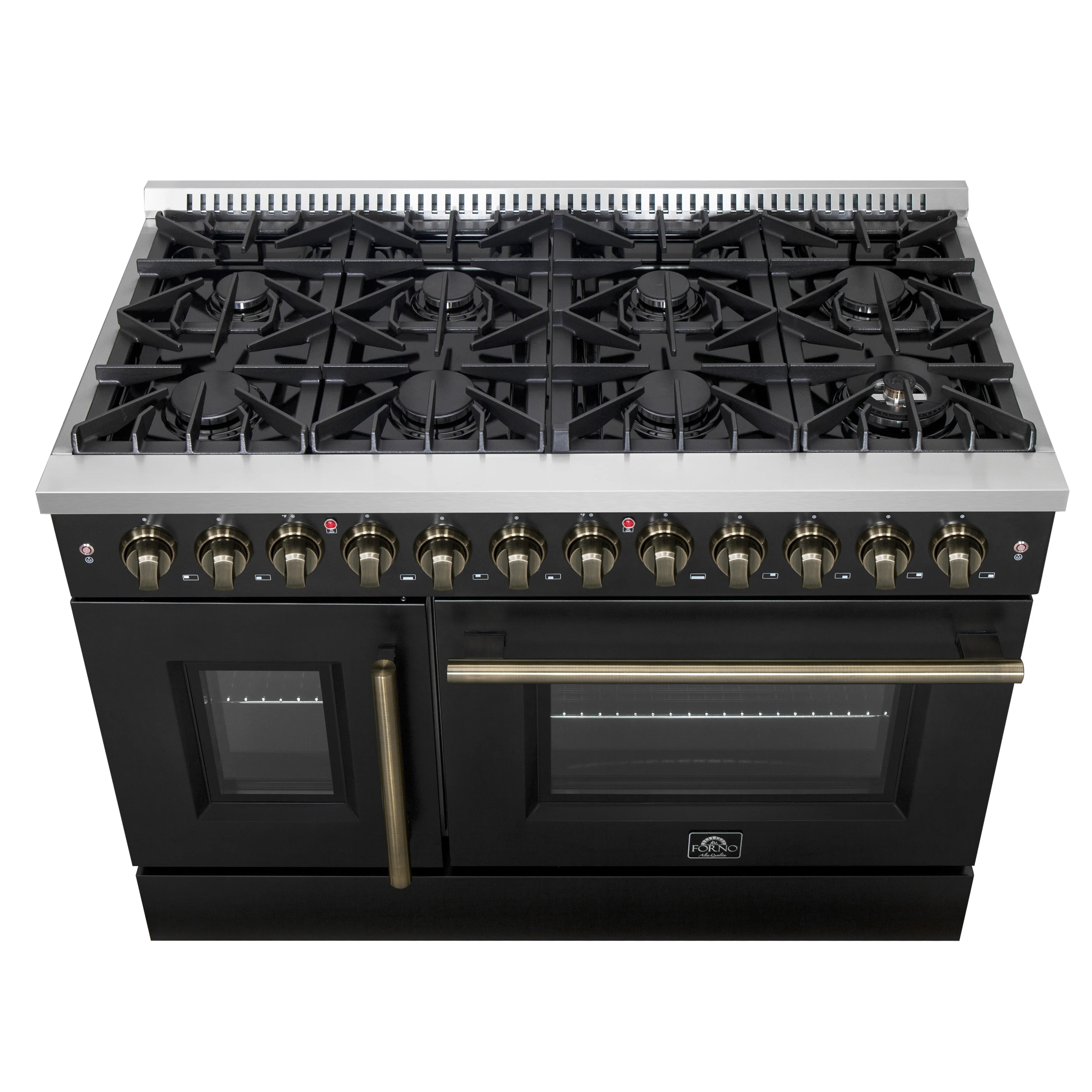 Galiano 48-inch French Door Dual Fuel Range, Black & Antique Brass Design, 8 Sealed Burners - 107,000 BTU, Griddle, 6.58 cu.ft. Double Ovens FFSGS635648BLK