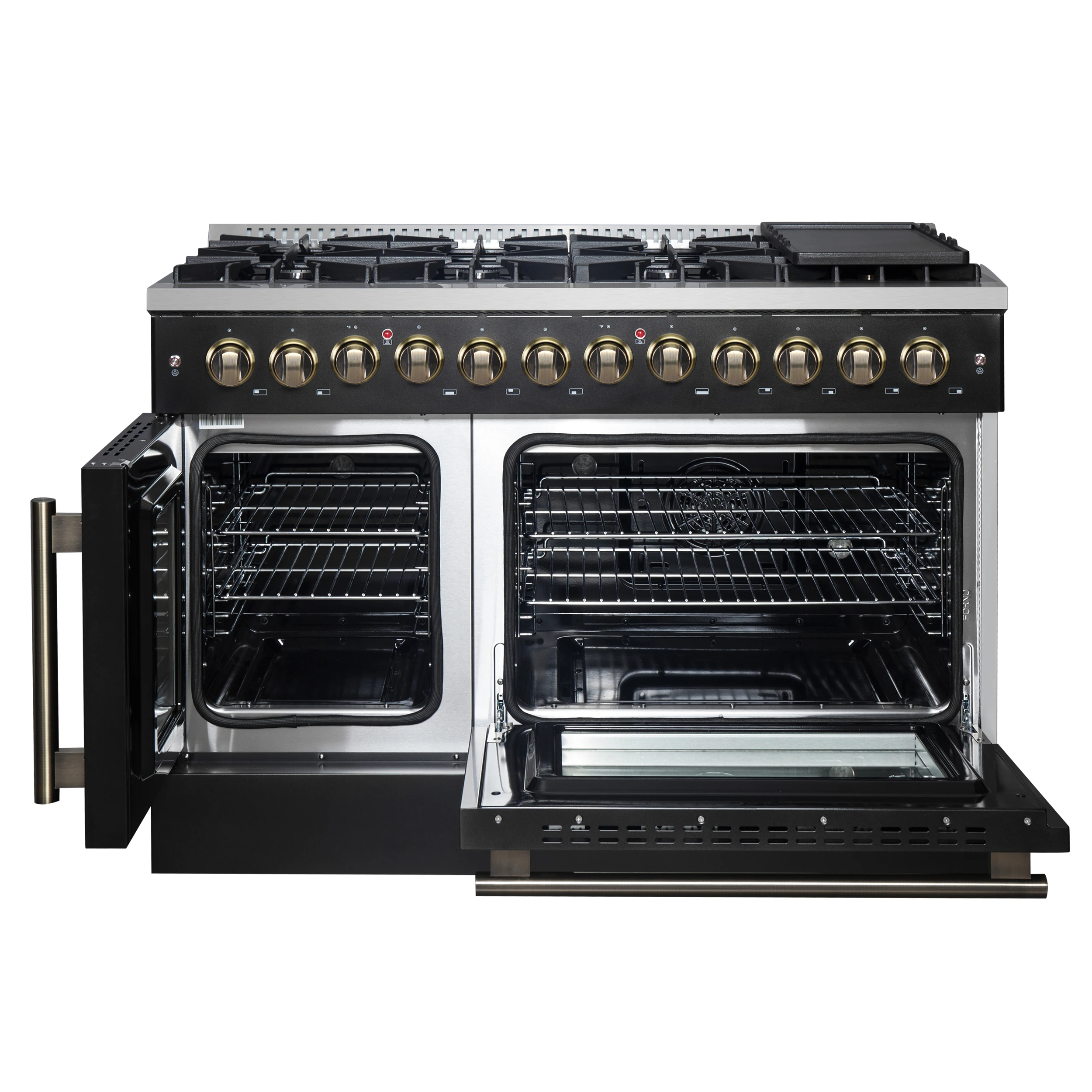 Galiano 48-inch French Door Dual Fuel Range, Black & Antique Brass Design, 8 Sealed Burners - 107,000 BTU, Griddle, 6.58 cu.ft. Double Ovens FFSGS635648BLK