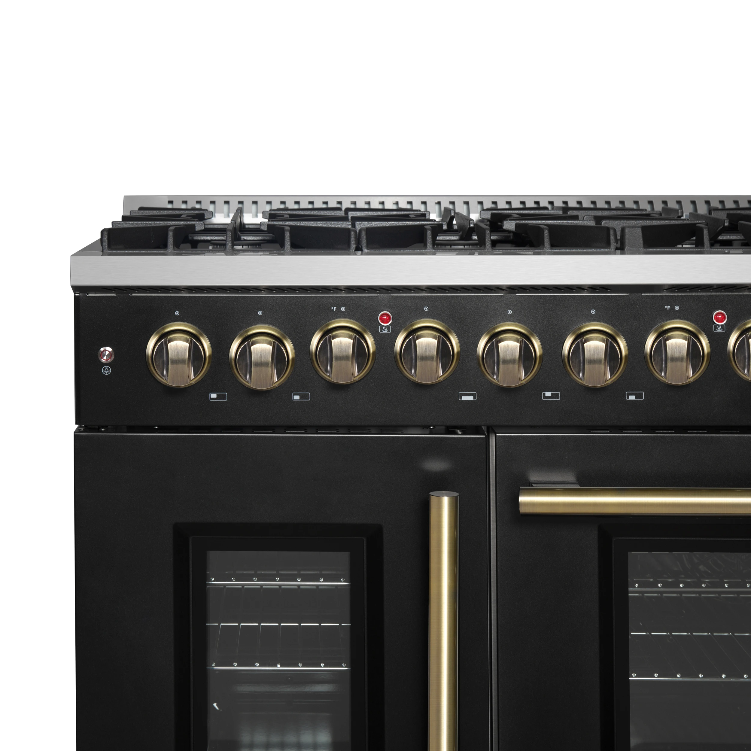 Galiano 48-inch French Door Dual Fuel Range, Black & Antique Brass Design, 8 Sealed Burners - 107,000 BTU, Griddle, 6.58 cu.ft. Double Ovens FFSGS635648BLK