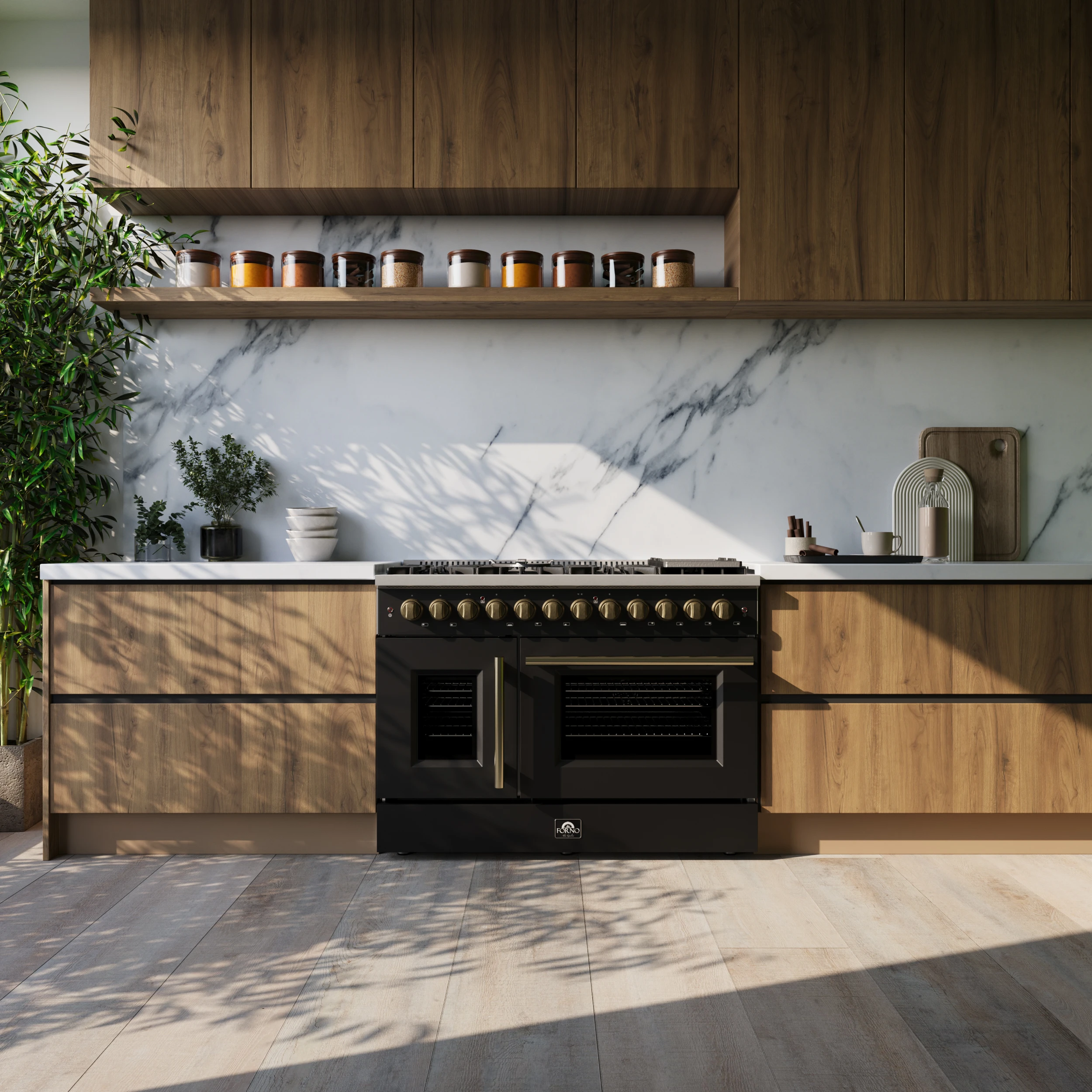 Galiano 48-inch French Door Dual Fuel Range, Black & Antique Brass Design, 8 Sealed Burners - 107,000 BTU, Griddle, 6.58 cu.ft. Double Ovens FFSGS635648BLK