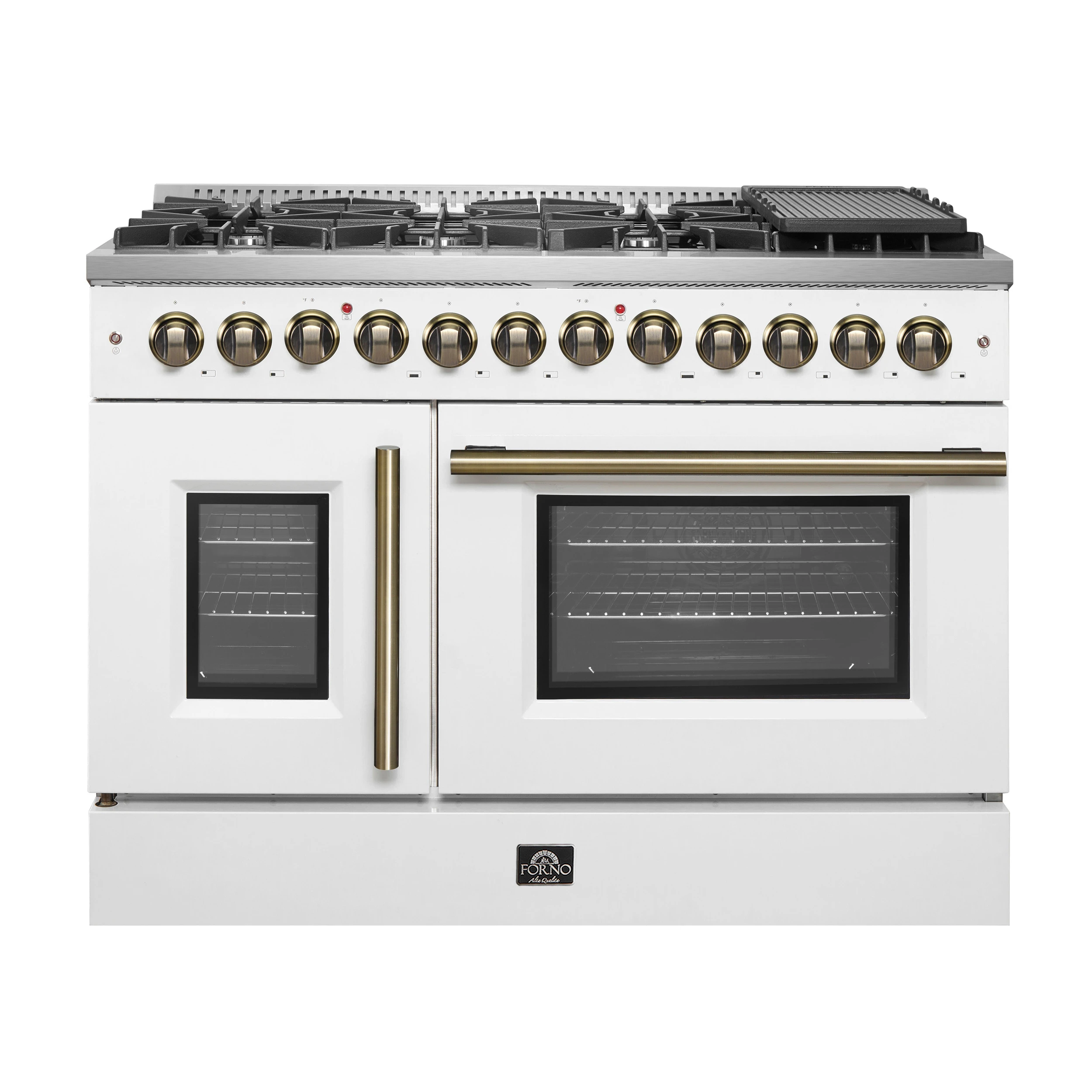Galiano 48-inch French Door Dual Fuel Range, White & Antique Brass Design, 8 Sealed Burners - 107,000 BTU, Griddle, 6.58 cu.ft. Double Ovens FFSGS635648WHT