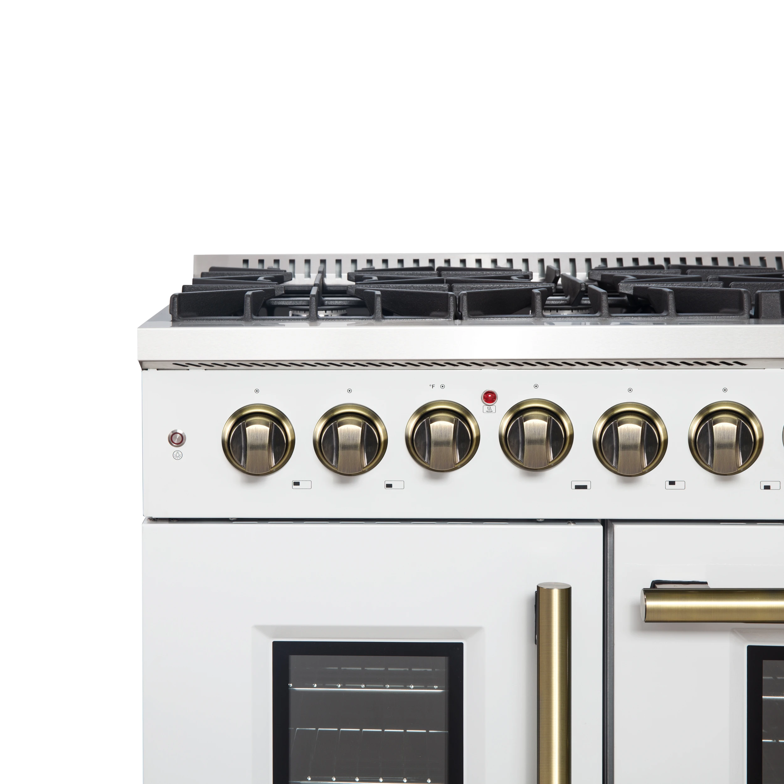 Galiano 48-inch French Door Dual Fuel Range, White & Antique Brass Design, 8 Sealed Burners - 107,000 BTU, Griddle, 6.58 cu.ft. Double Ovens FFSGS635648WHT