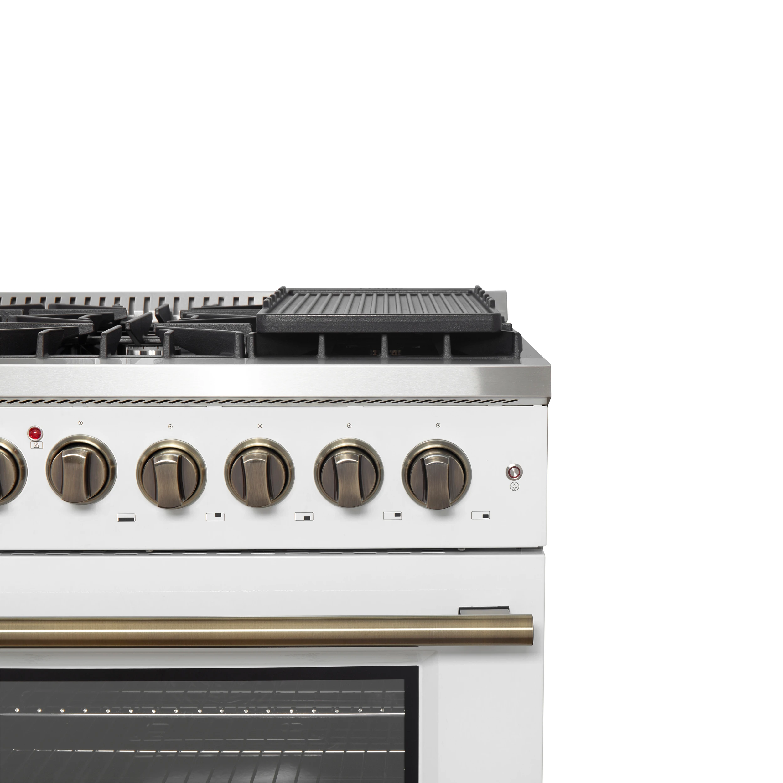 Galiano 48-inch French Door Dual Fuel Range, White & Antique Brass Design, 8 Sealed Burners - 107,000 BTU, Griddle, 6.58 cu.ft. Double Ovens FFSGS635648WHT