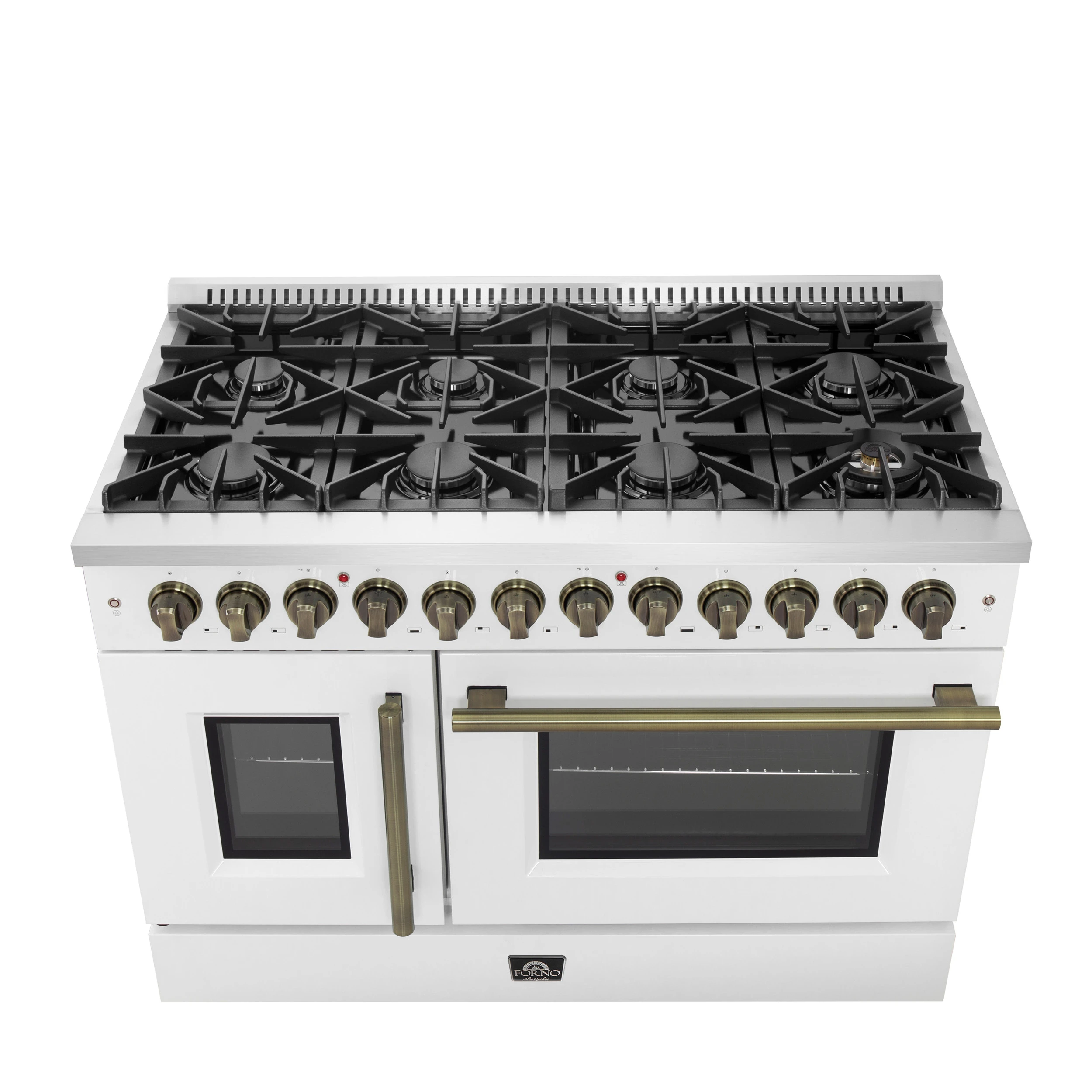 Galiano 48-inch French Door Dual Fuel Range, White & Antique Brass Design, 8 Sealed Burners - 107,000 BTU, Griddle, 6.58 cu.ft. Double Ovens FFSGS635648WHT