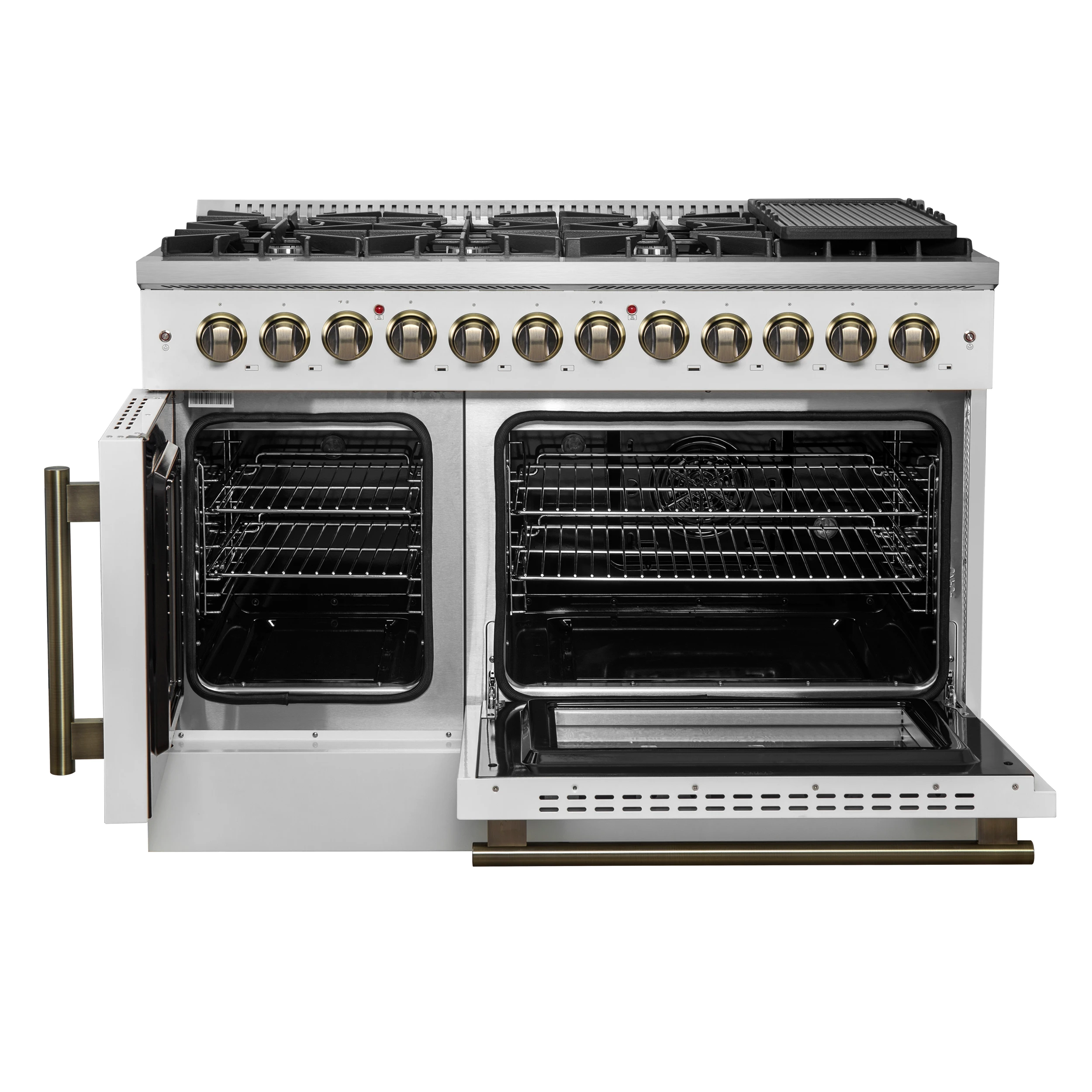 Galiano 48-inch French Door Dual Fuel Range, White & Antique Brass Design, 8 Sealed Burners - 107,000 BTU, Griddle, 6.58 cu.ft. Double Ovens FFSGS635648WHT