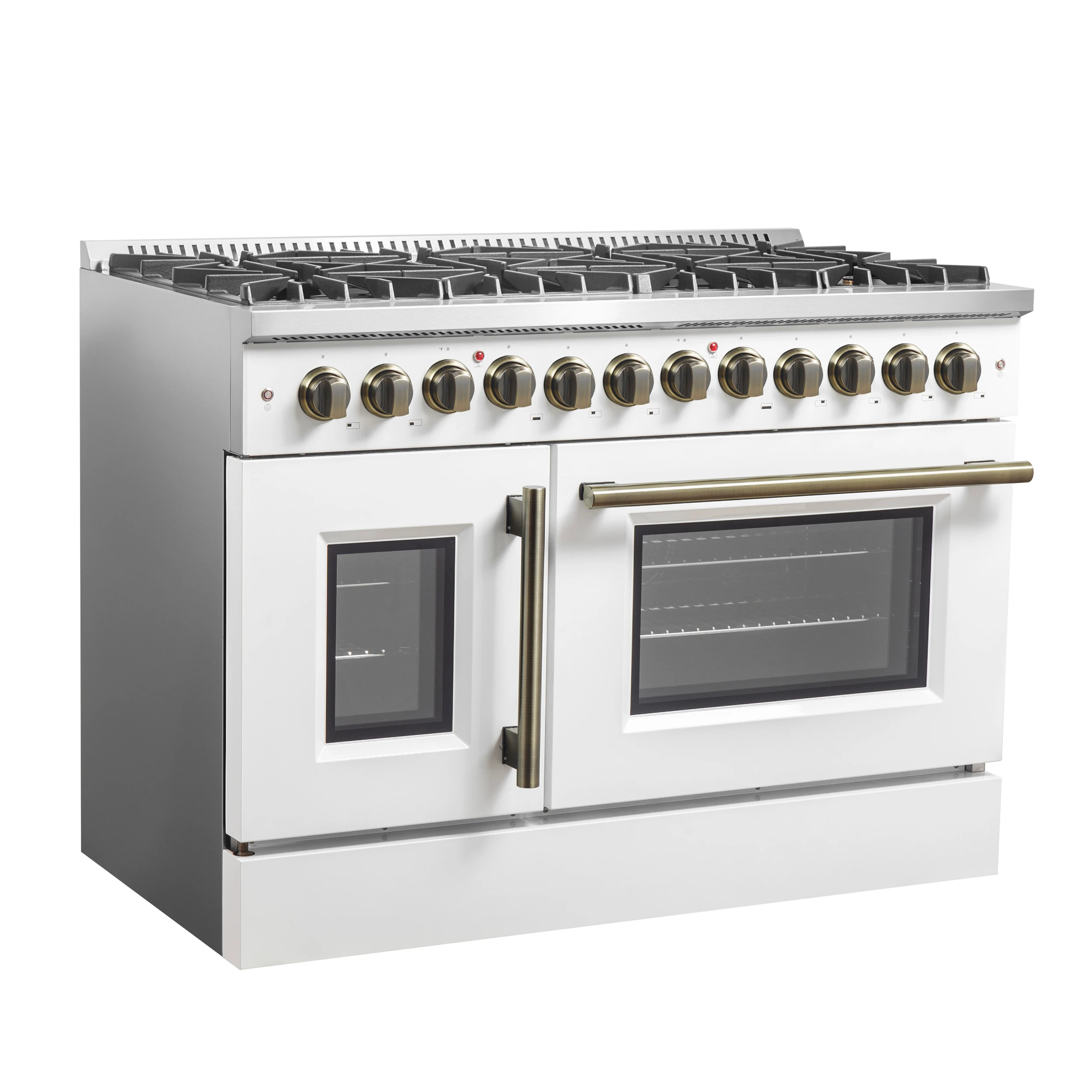 Galiano 48-inch French Door Dual Fuel Range, White & Antique Brass Design, 8 Sealed Burners - 107,000 BTU, Griddle, 6.58 cu.ft. Double Ovens FFSGS635648WHT