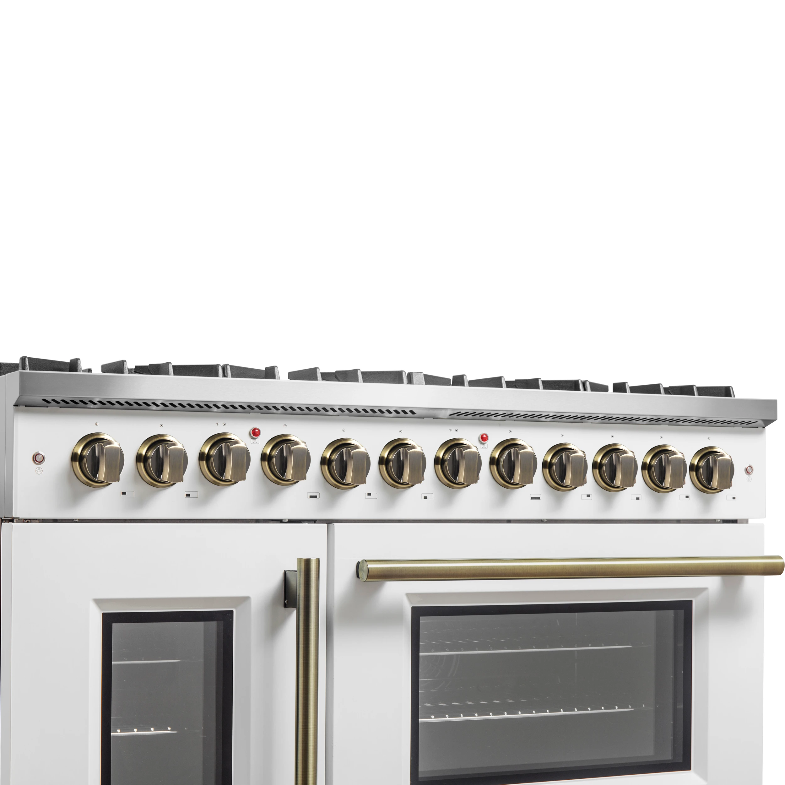 Galiano 48-inch French Door Dual Fuel Range, White & Antique Brass Design, 8 Sealed Burners - 107,000 BTU, Griddle, 6.58 cu.ft. Double Ovens FFSGS635648WHT