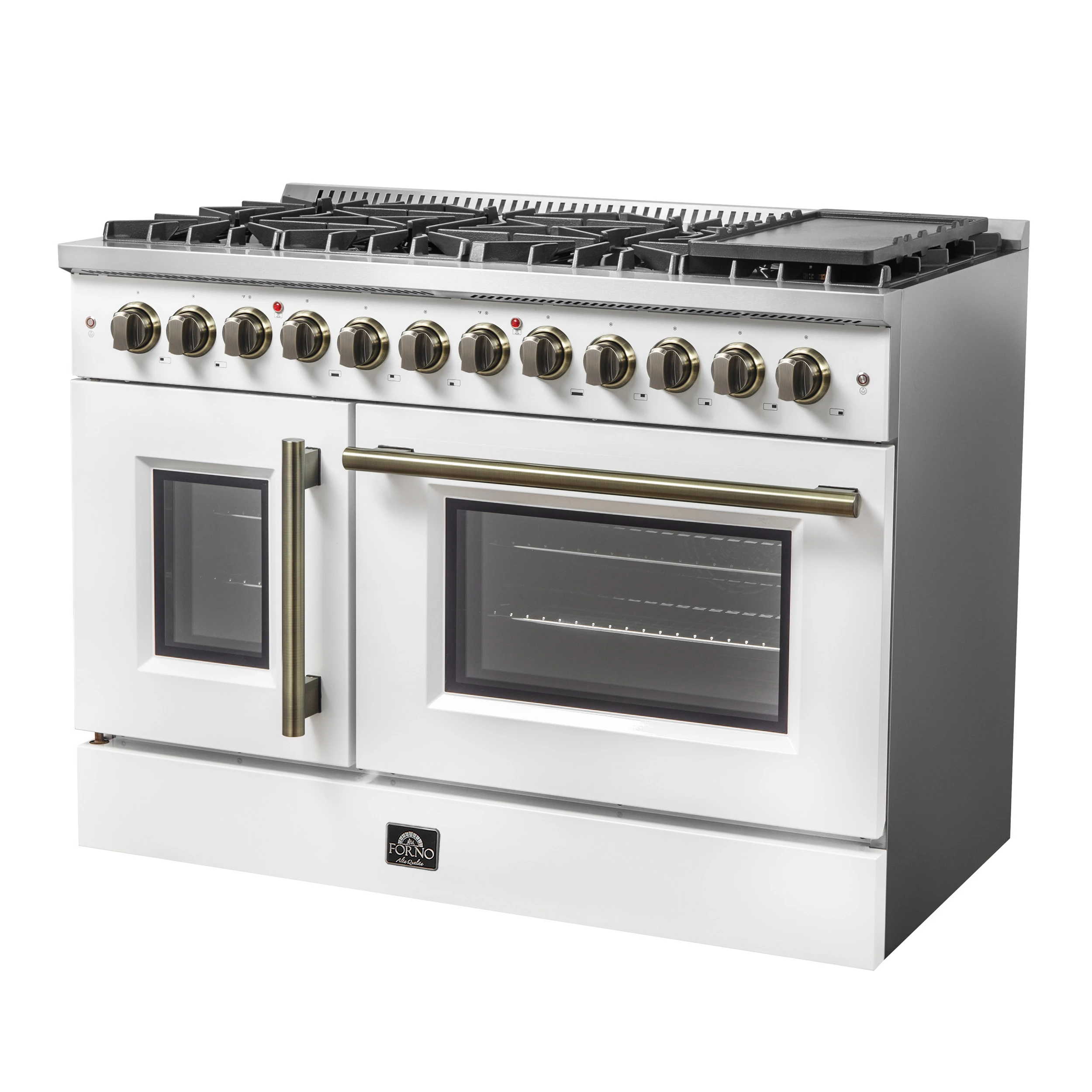 Galiano 48-inch French Door Dual Fuel Range, White & Antique Brass Design, 8 Sealed Burners - 107,000 BTU, Griddle, 6.58 cu.ft. Double Ovens FFSGS635648WHT