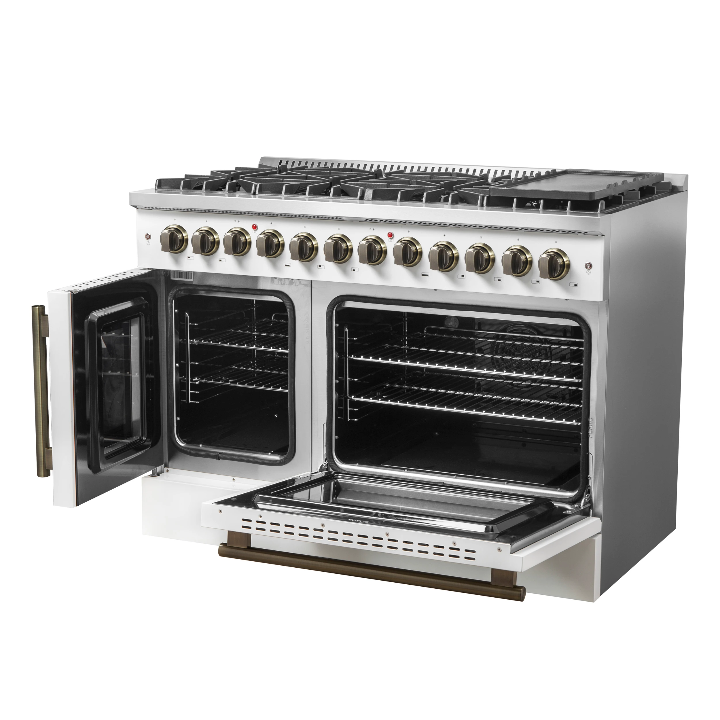 Galiano 48-inch French Door Dual Fuel Range, White & Antique Brass Design, 8 Sealed Burners - 107,000 BTU, Griddle, 6.58 cu.ft. Double Ovens FFSGS635648WHT
