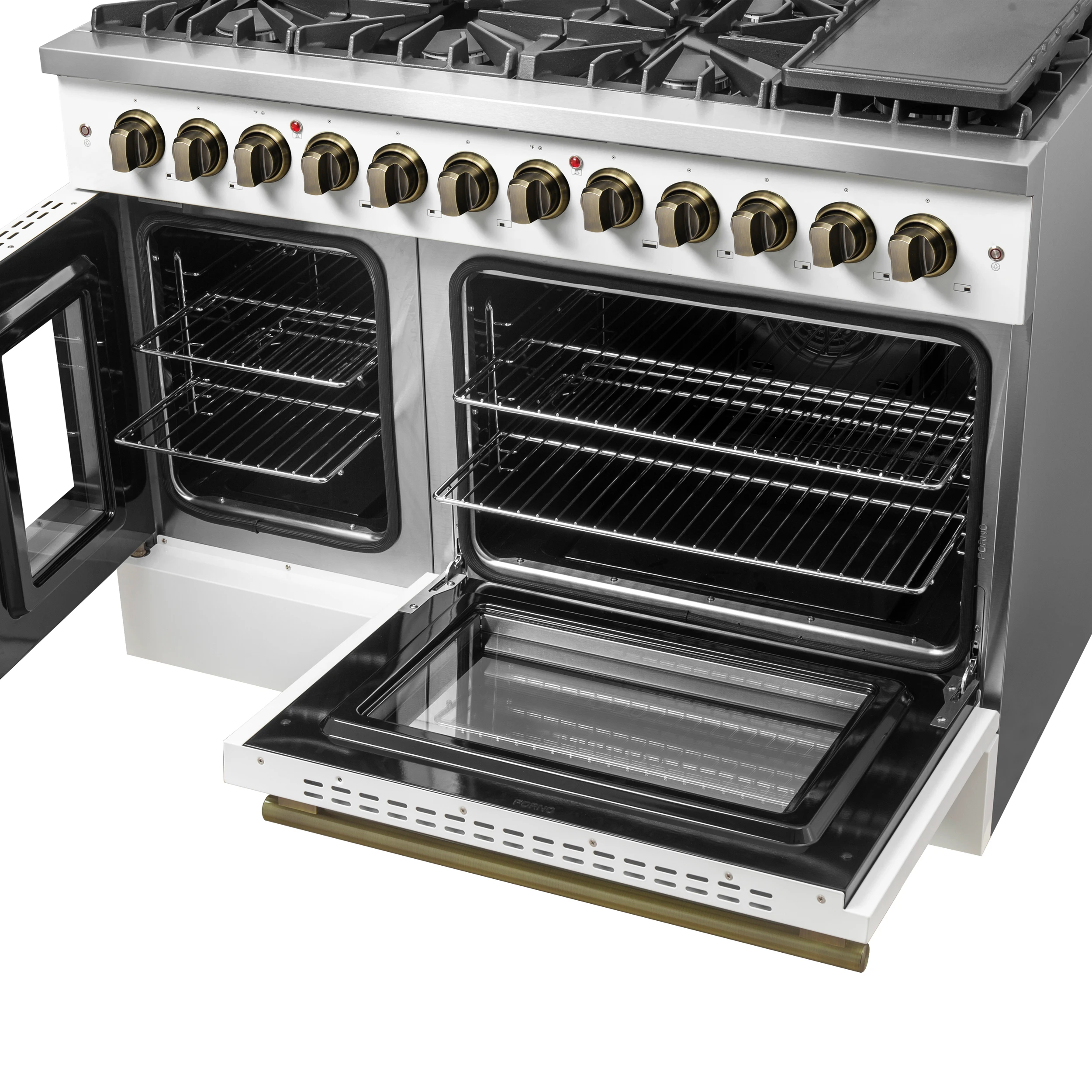 Galiano 48-inch French Door Dual Fuel Range, White & Antique Brass Design, 8 Sealed Burners - 107,000 BTU, Griddle, 6.58 cu.ft. Double Ovens FFSGS635648WHT