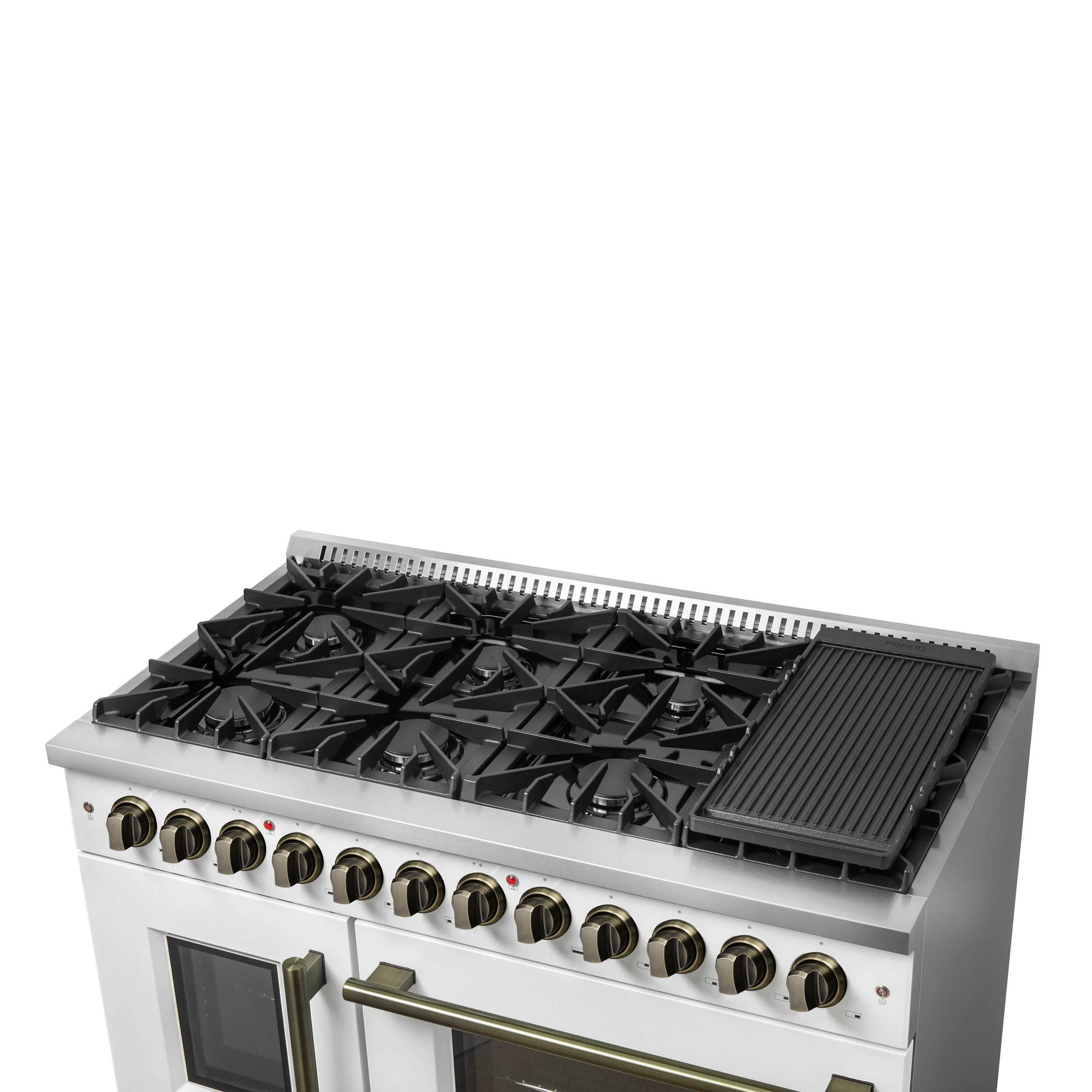 Galiano 48-inch French Door Dual Fuel Range, White & Antique Brass Design, 8 Sealed Burners - 107,000 BTU, Griddle, 6.58 cu.ft. Double Ovens FFSGS635648WHT