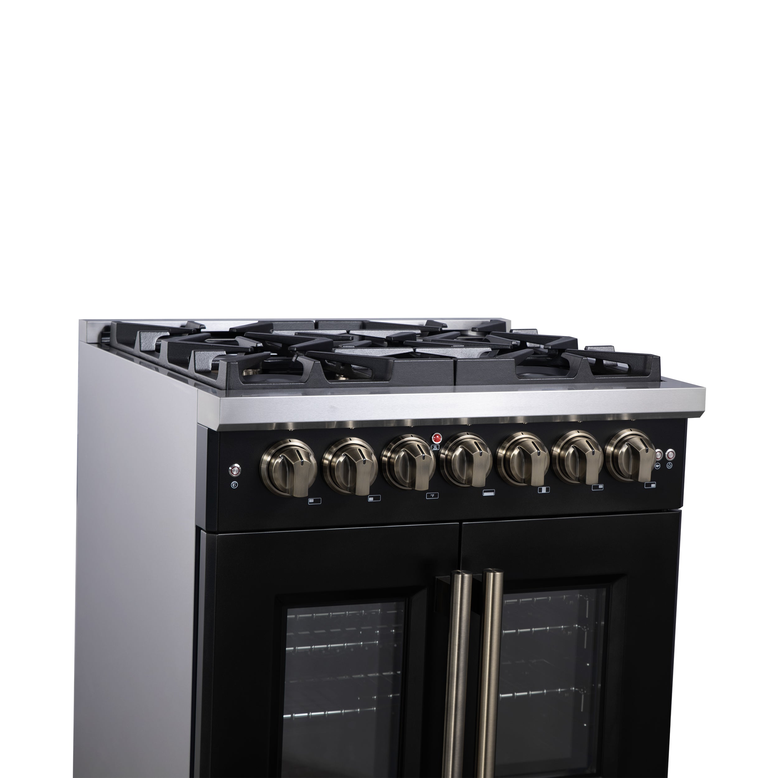 Capriasca 30-Inch Freestanding French Door Dual Fuel Range in with Antique Brass Accessories, 5 Burners, True Convection Oven FFSGS638730BLK
