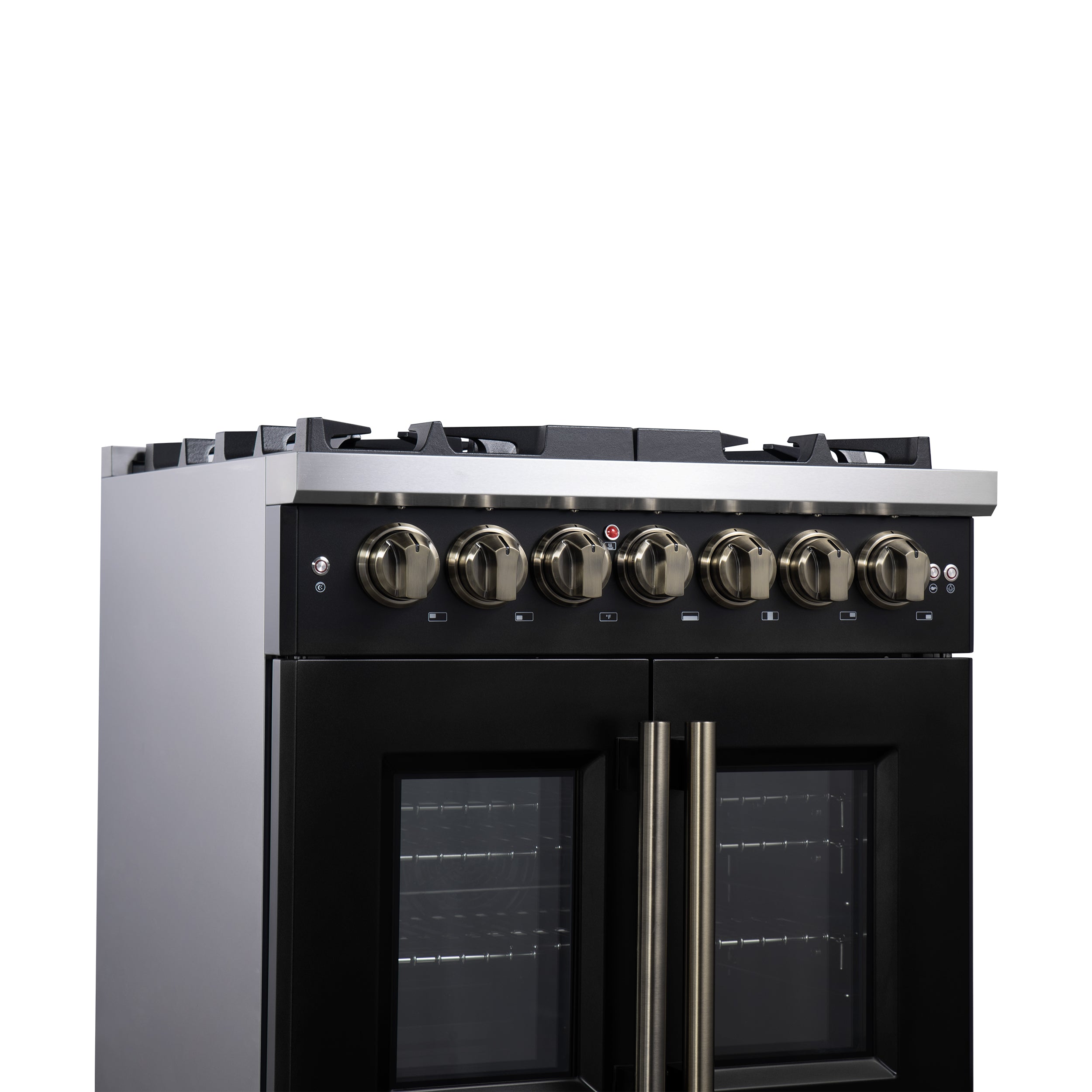 Capriasca 30-Inch Freestanding French Door Dual Fuel Range in with Antique Brass Accessories, 5 Burners, True Convection Oven FFSGS638730BLK