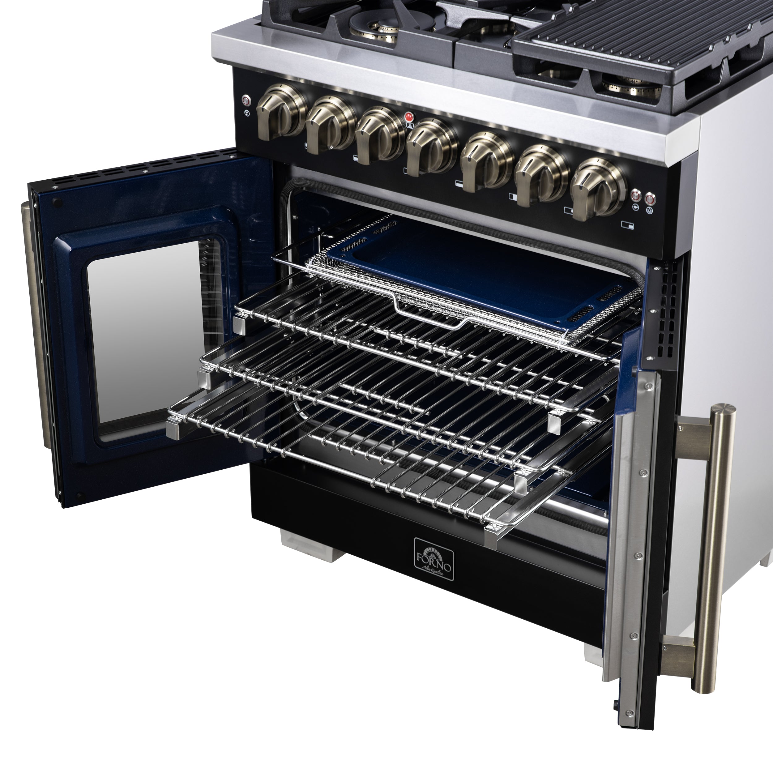 Capriasca 30-Inch Freestanding French Door Dual Fuel Range in with Antique Brass Accessories, 5 Burners, True Convection Oven FFSGS638730BLK