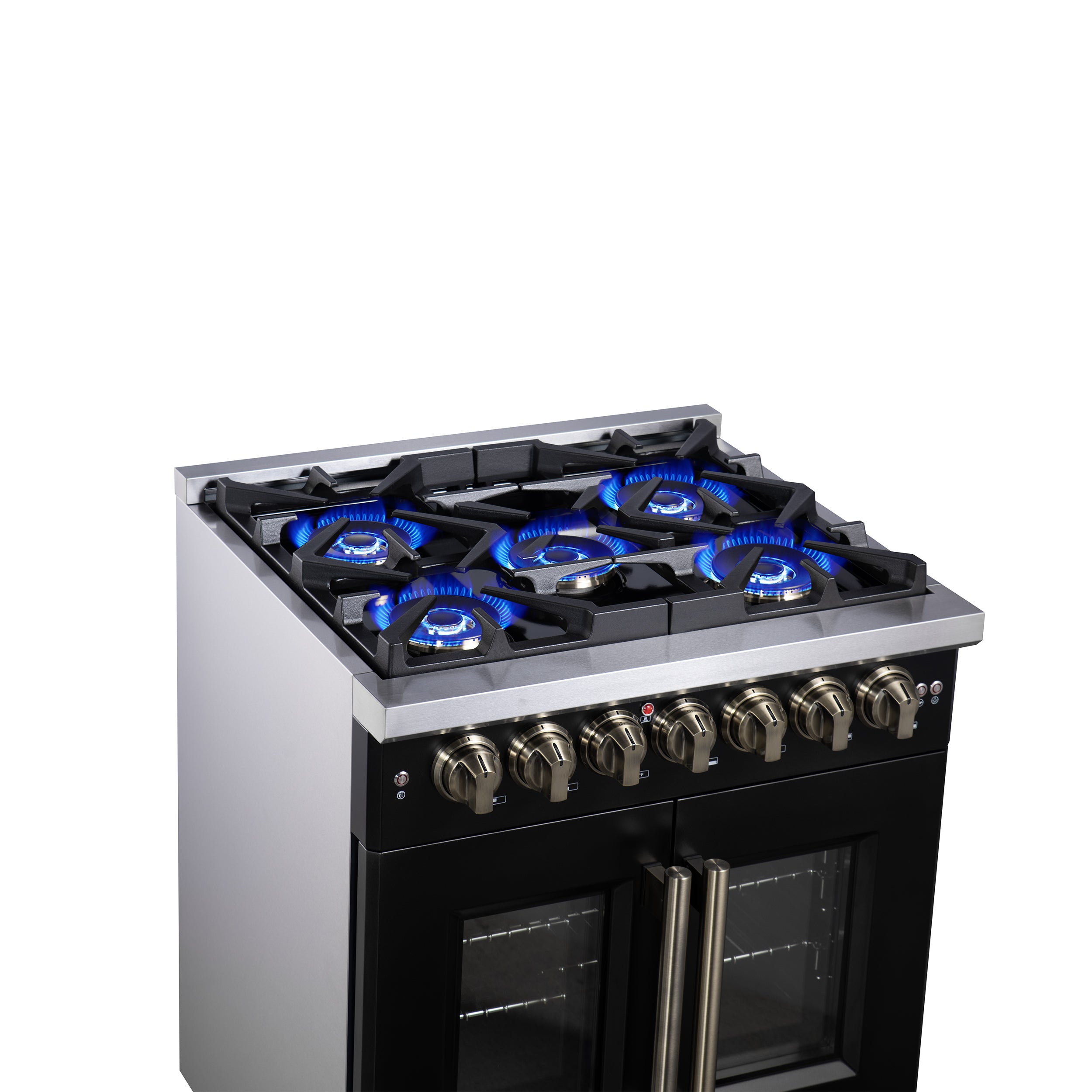 Capriasca 30-Inch Freestanding French Door Dual Fuel Range in with Antique Brass Accessories, 5 Burners, True Convection Oven FFSGS638730BLK