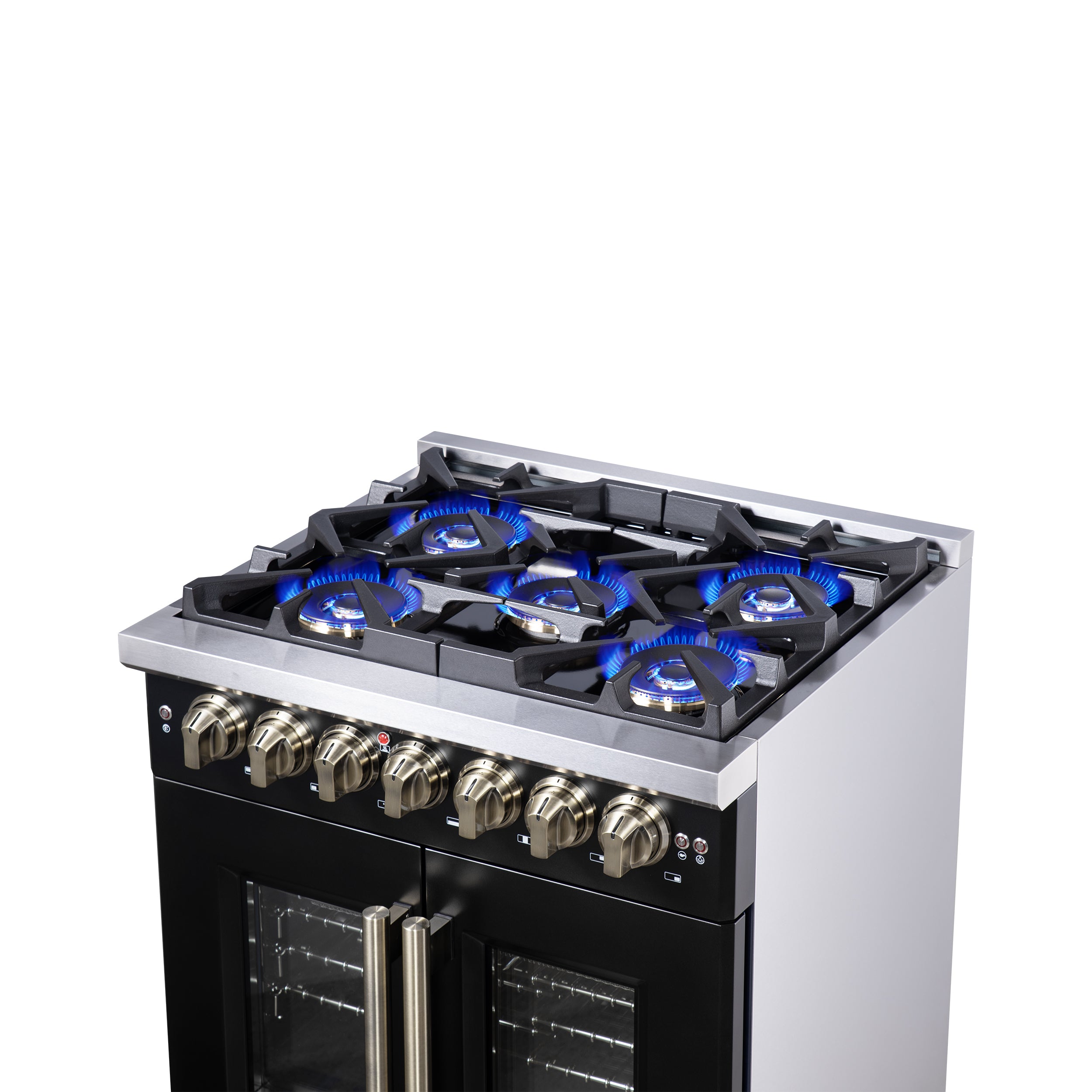 Capriasca 30-Inch Freestanding French Door Dual Fuel Range in with Antique Brass Accessories, 5 Burners, True Convection Oven FFSGS638730BLK