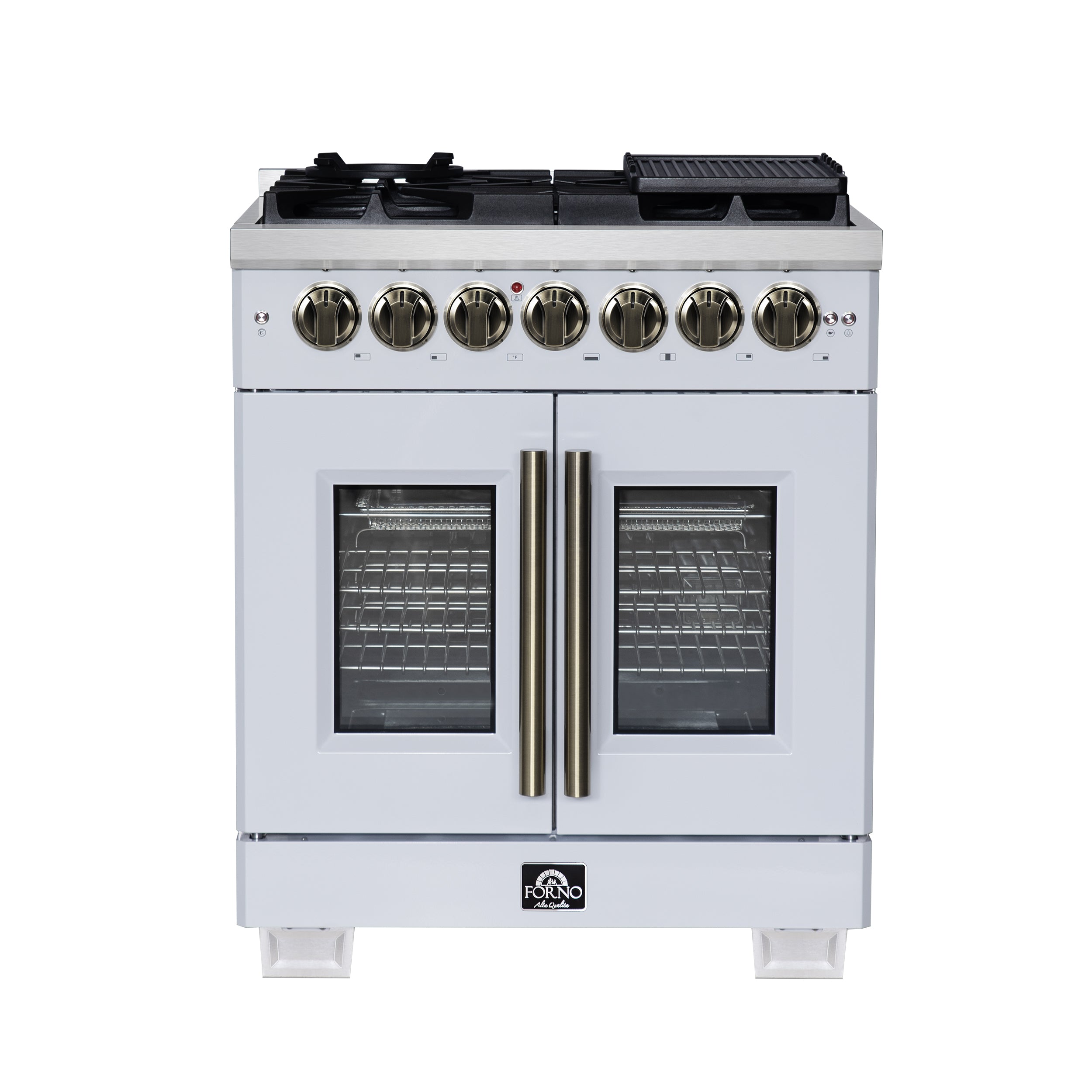 Capriasca 30-Inch Freestanding French Door Dual Fuel Range in with Antique Brass Accessories, 5 Burners, True Convection Oven FFSGS638730WHT