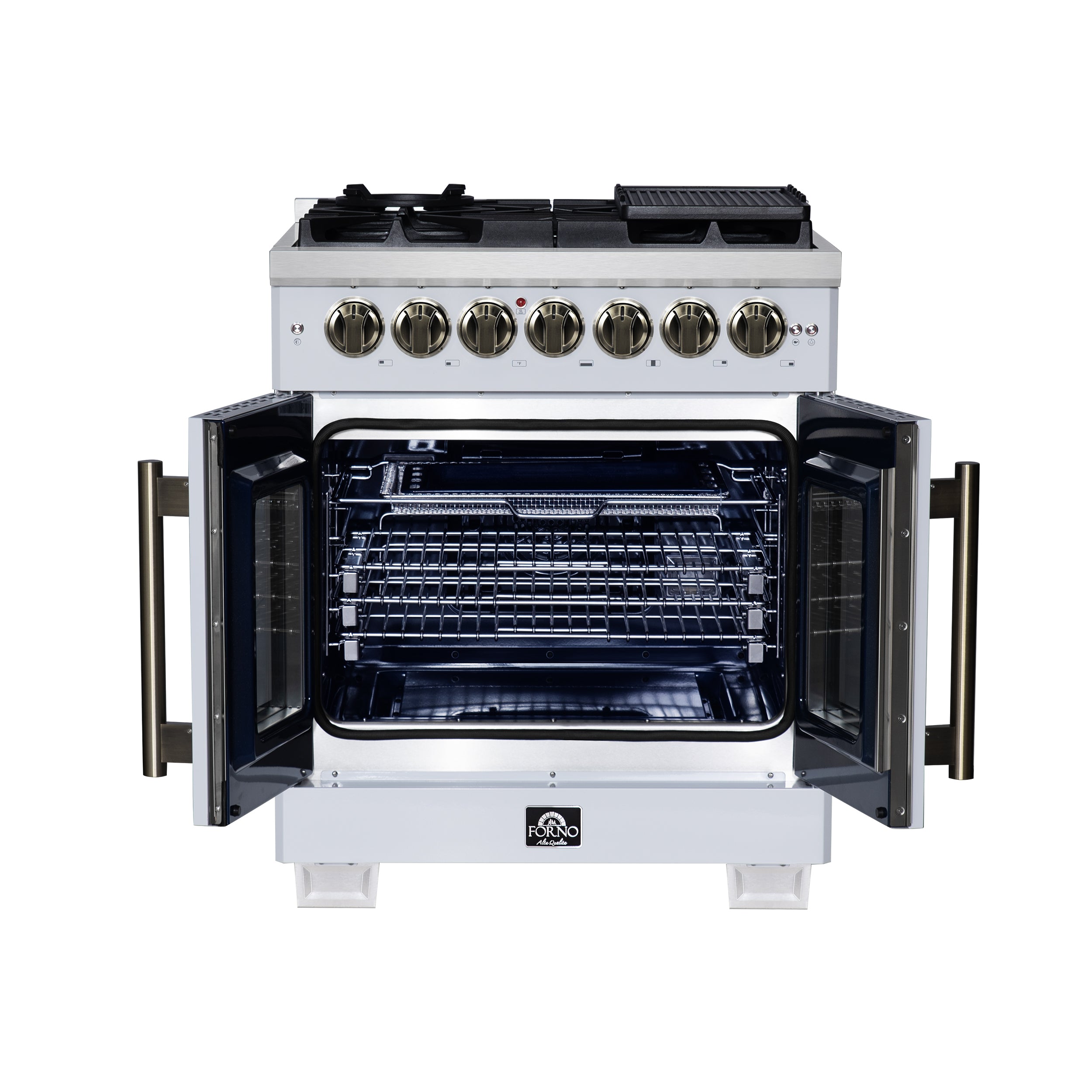 Capriasca 30-Inch Freestanding French Door Dual Fuel Range in with Antique Brass Accessories, 5 Burners, True Convection Oven FFSGS638730WHT