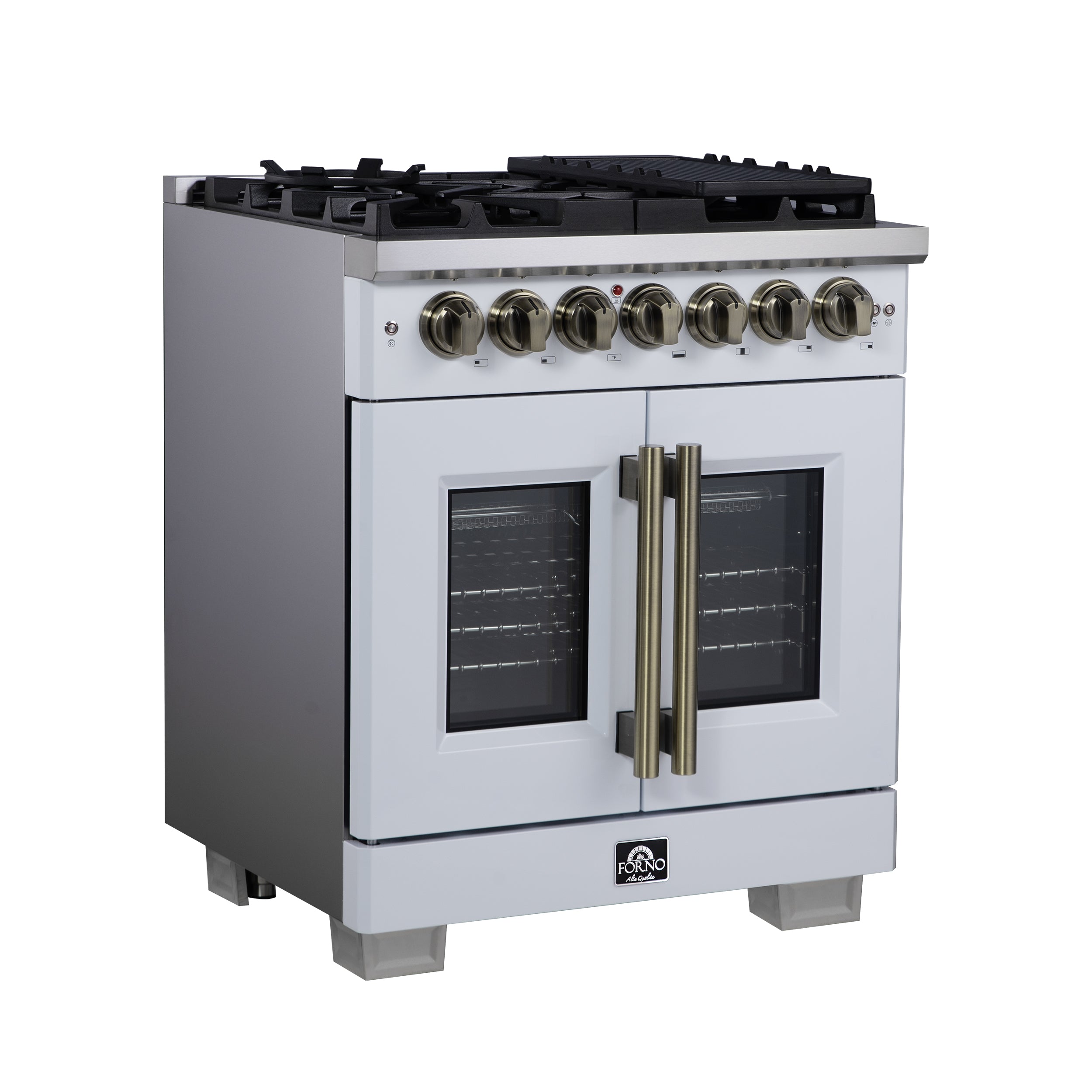 Capriasca 30-Inch Freestanding French Door Dual Fuel Range in with Antique Brass Accessories, 5 Burners, True Convection Oven FFSGS638730WHT
