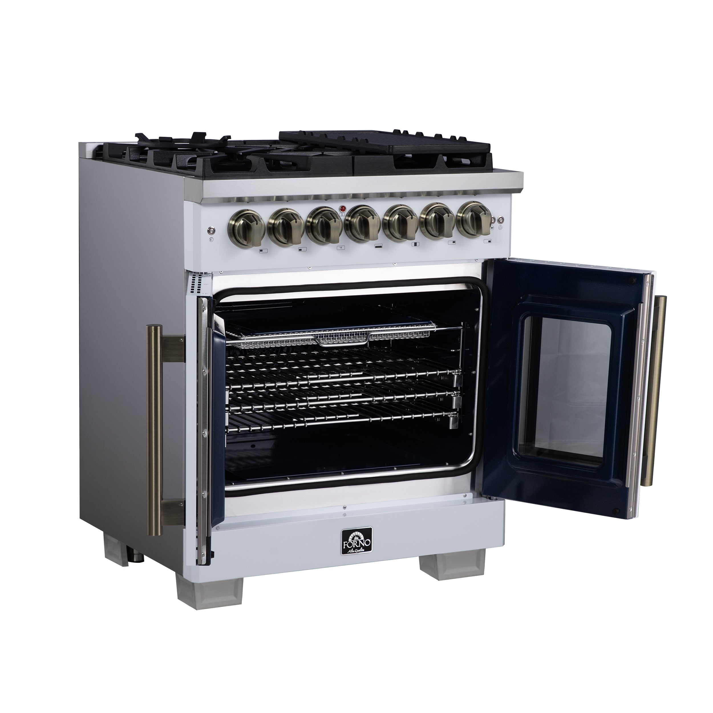 Capriasca 30-Inch Freestanding French Door Dual Fuel Range in with Antique Brass Accessories, 5 Burners, True Convection Oven FFSGS638730WHT