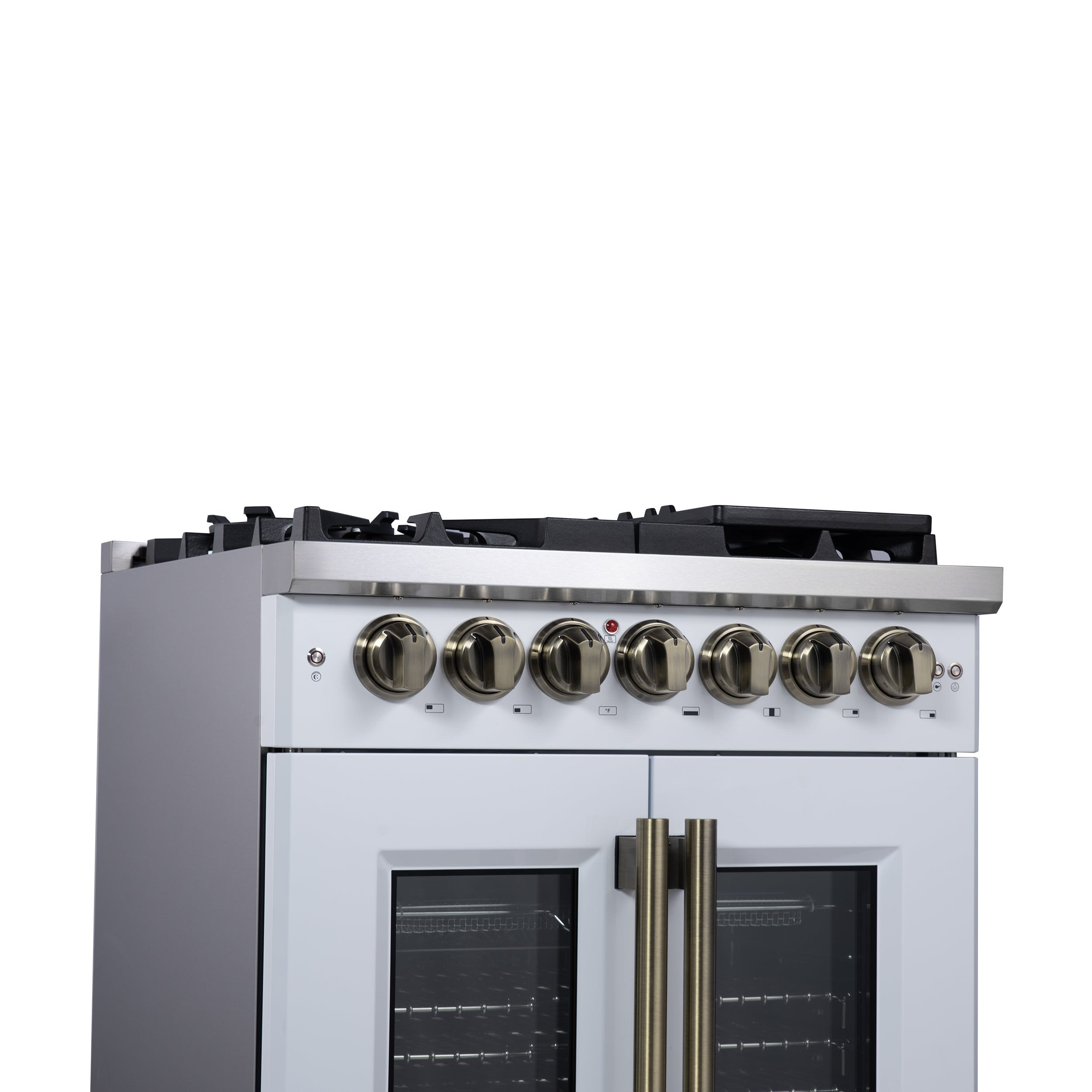 Capriasca 30-Inch Freestanding French Door Dual Fuel Range in with Antique Brass Accessories, 5 Burners, True Convection Oven FFSGS638730WHT