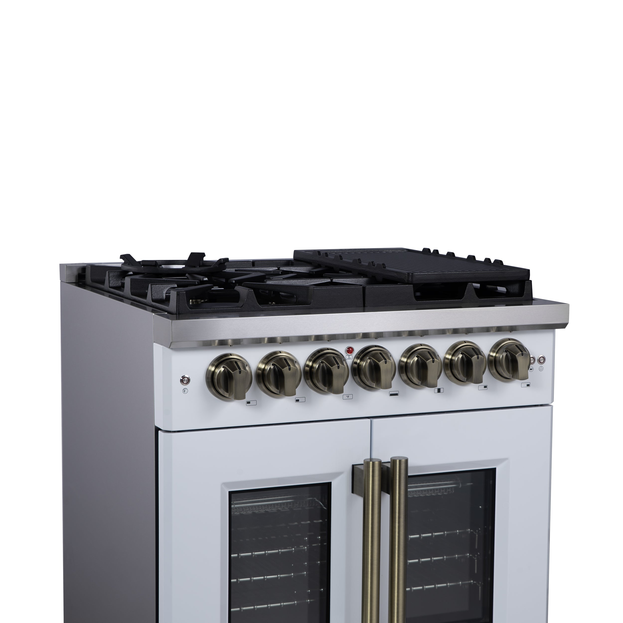 Capriasca 30-Inch Freestanding French Door Dual Fuel Range in with Antique Brass Accessories, 5 Burners, True Convection Oven FFSGS638730WHT