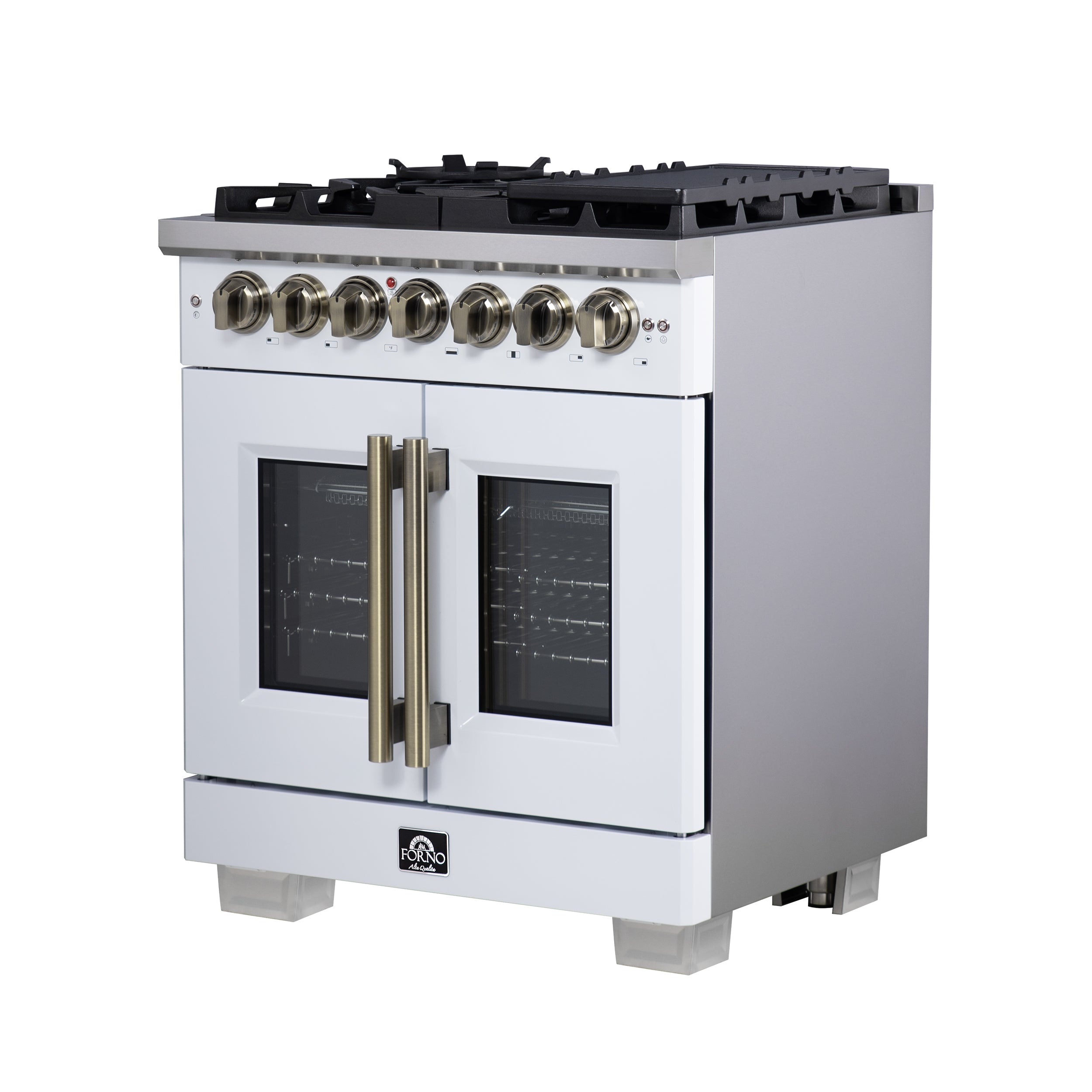 Capriasca 30-Inch Freestanding French Door Dual Fuel Range in with Antique Brass Accessories, 5 Burners, True Convection Oven FFSGS638730WHT