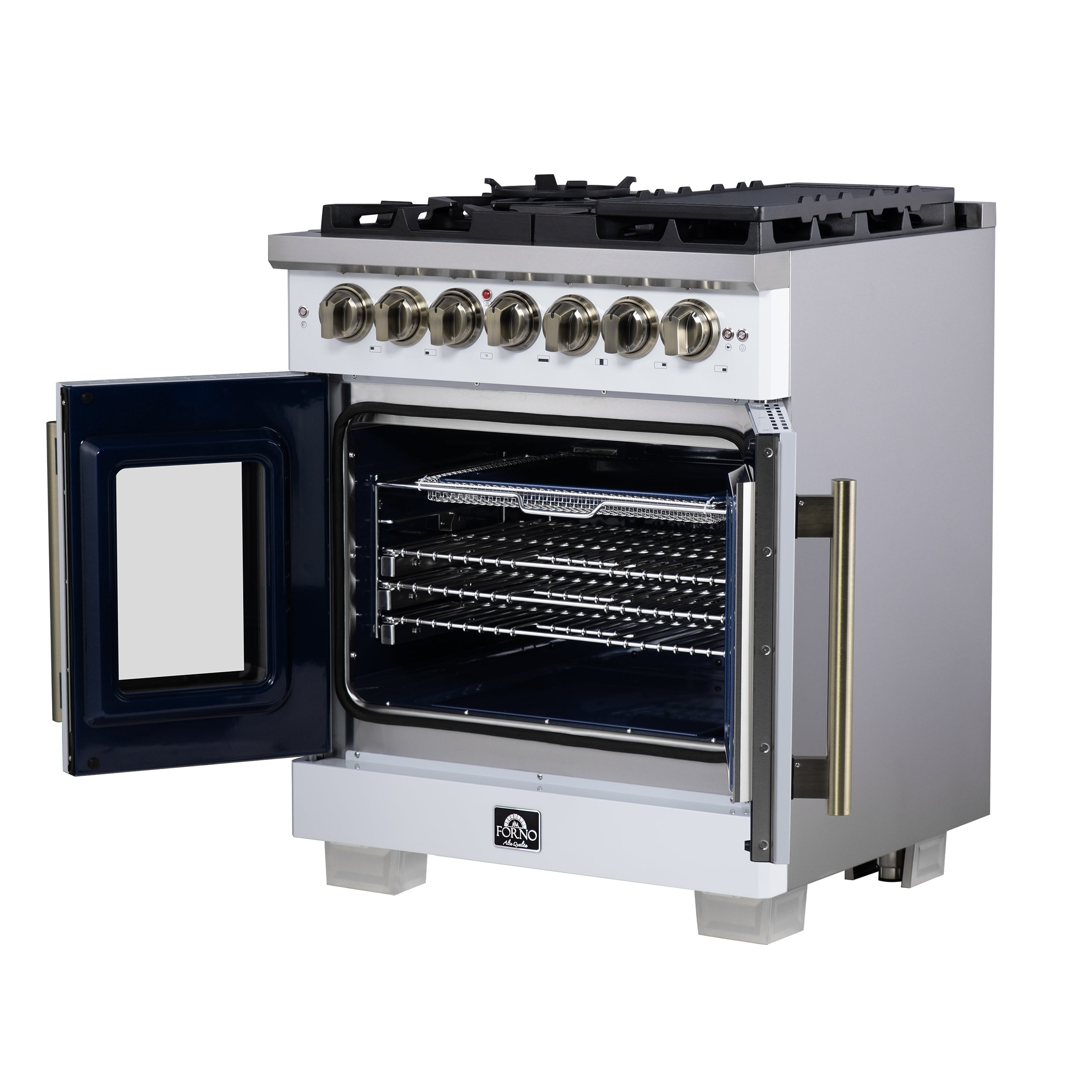 Capriasca 30-Inch Freestanding French Door Dual Fuel Range in with Antique Brass Accessories, 5 Burners, True Convection Oven FFSGS638730WHT
