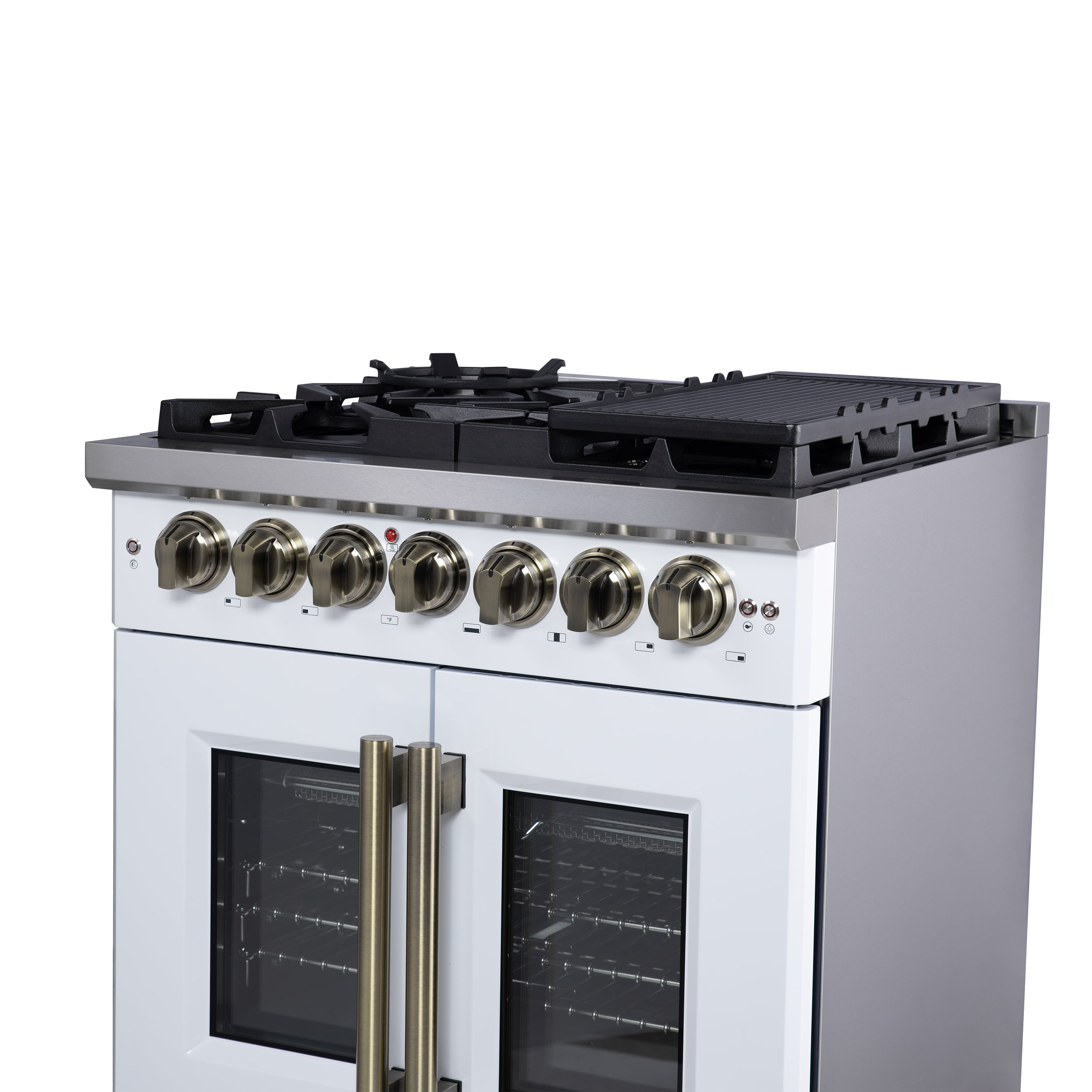 Capriasca 30-Inch Freestanding French Door Dual Fuel Range in with Antique Brass Accessories, 5 Burners, True Convection Oven FFSGS638730WHT