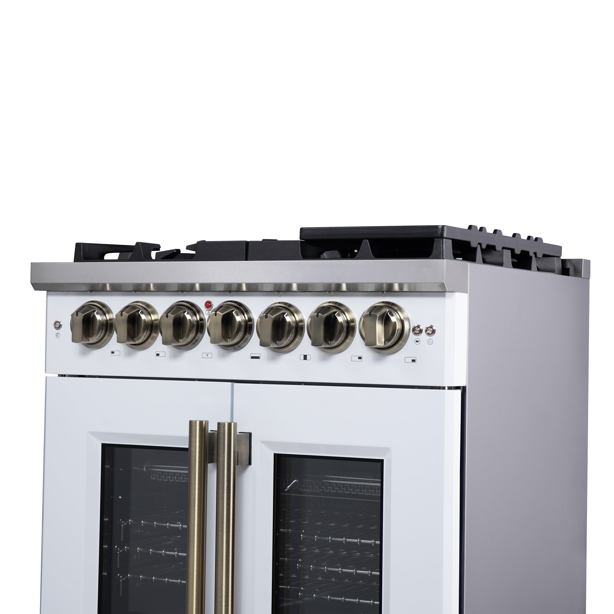 Capriasca 30-Inch Freestanding French Door Dual Fuel Range in with Antique Brass Accessories, 5 Burners, True Convection Oven FFSGS638730WHT