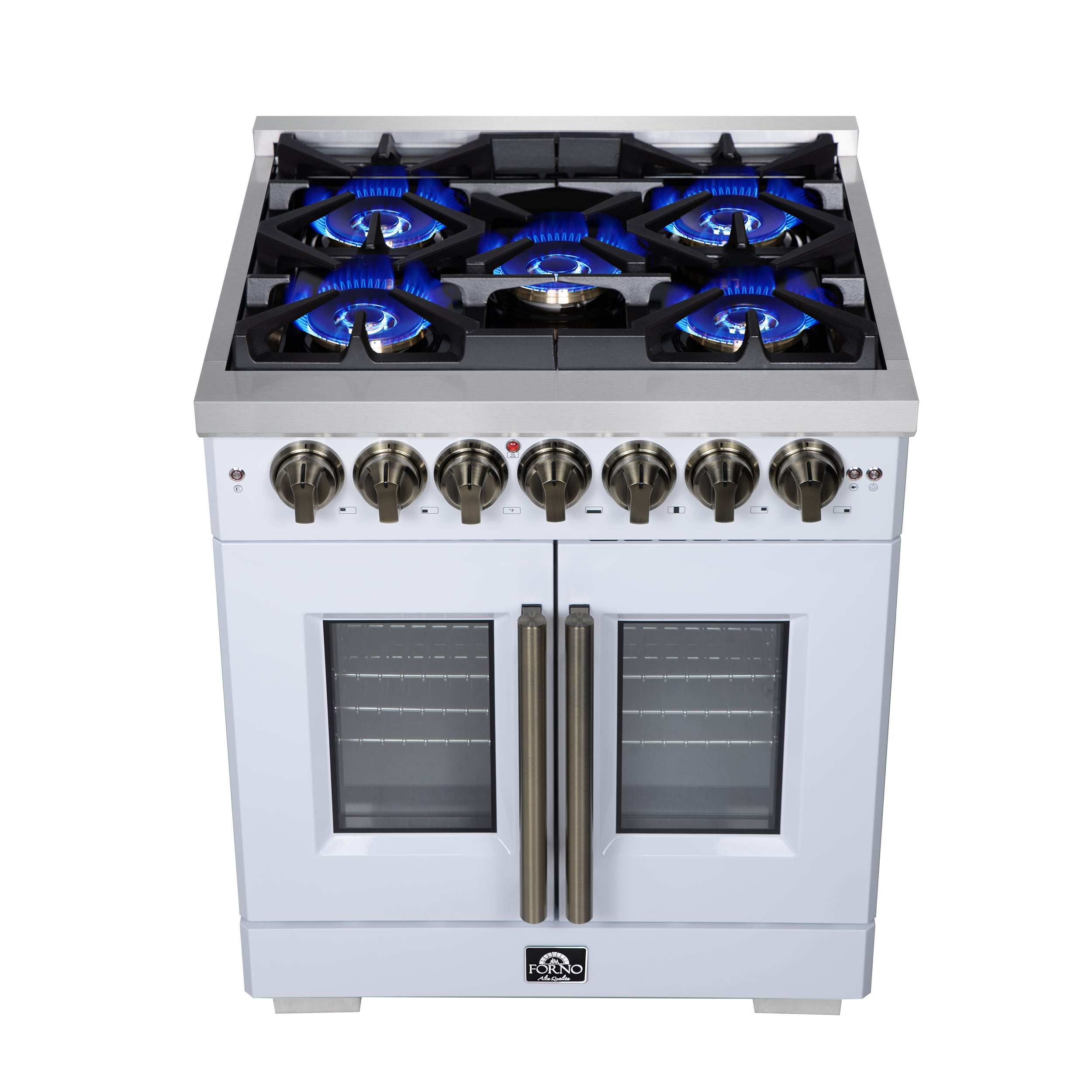 Capriasca 30-Inch Freestanding French Door Dual Fuel Range in with Antique Brass Accessories, 5 Burners, True Convection Oven FFSGS638730WHT