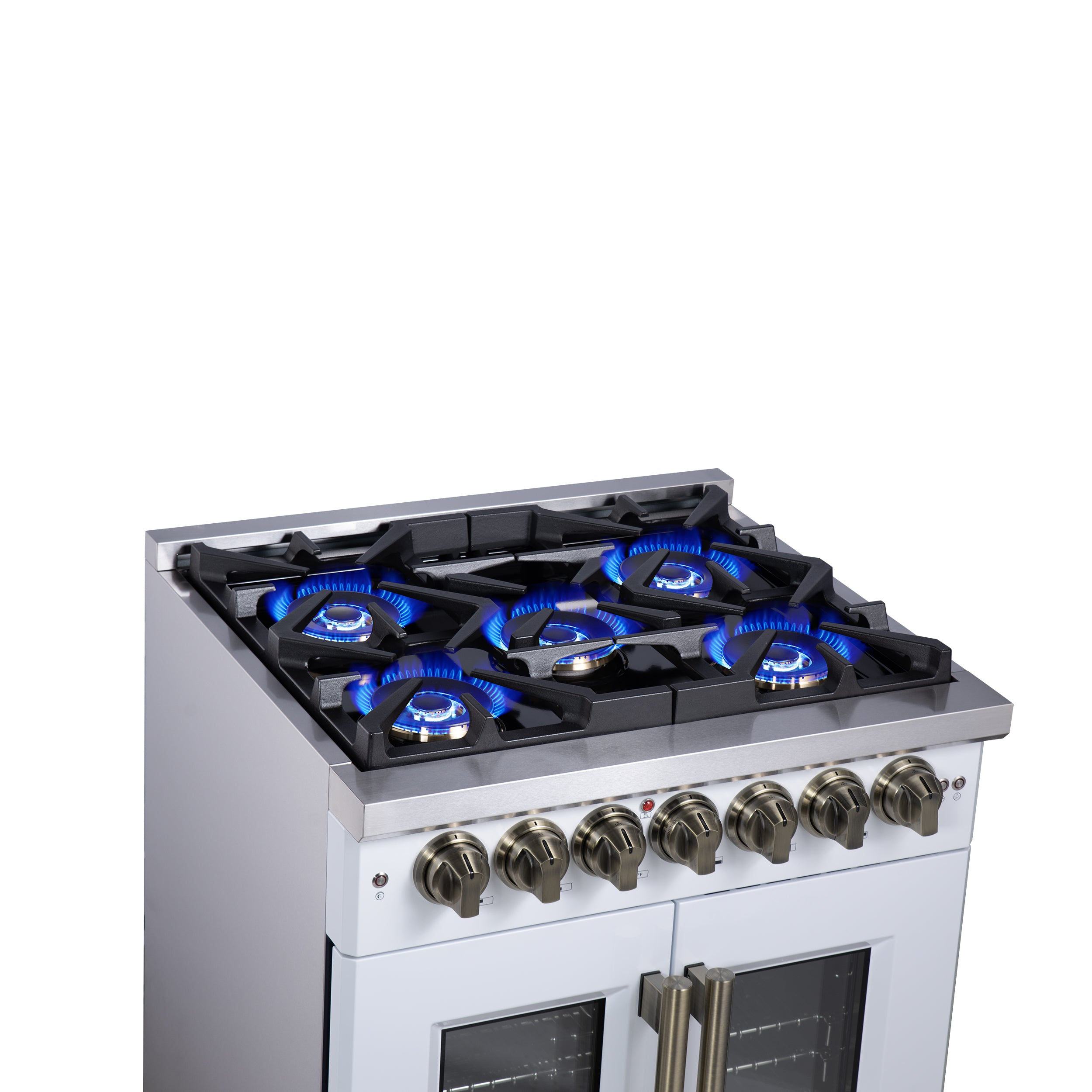 Capriasca 30-Inch Freestanding French Door Dual Fuel Range in with Antique Brass Accessories, 5 Burners, True Convection Oven FFSGS638730WHT