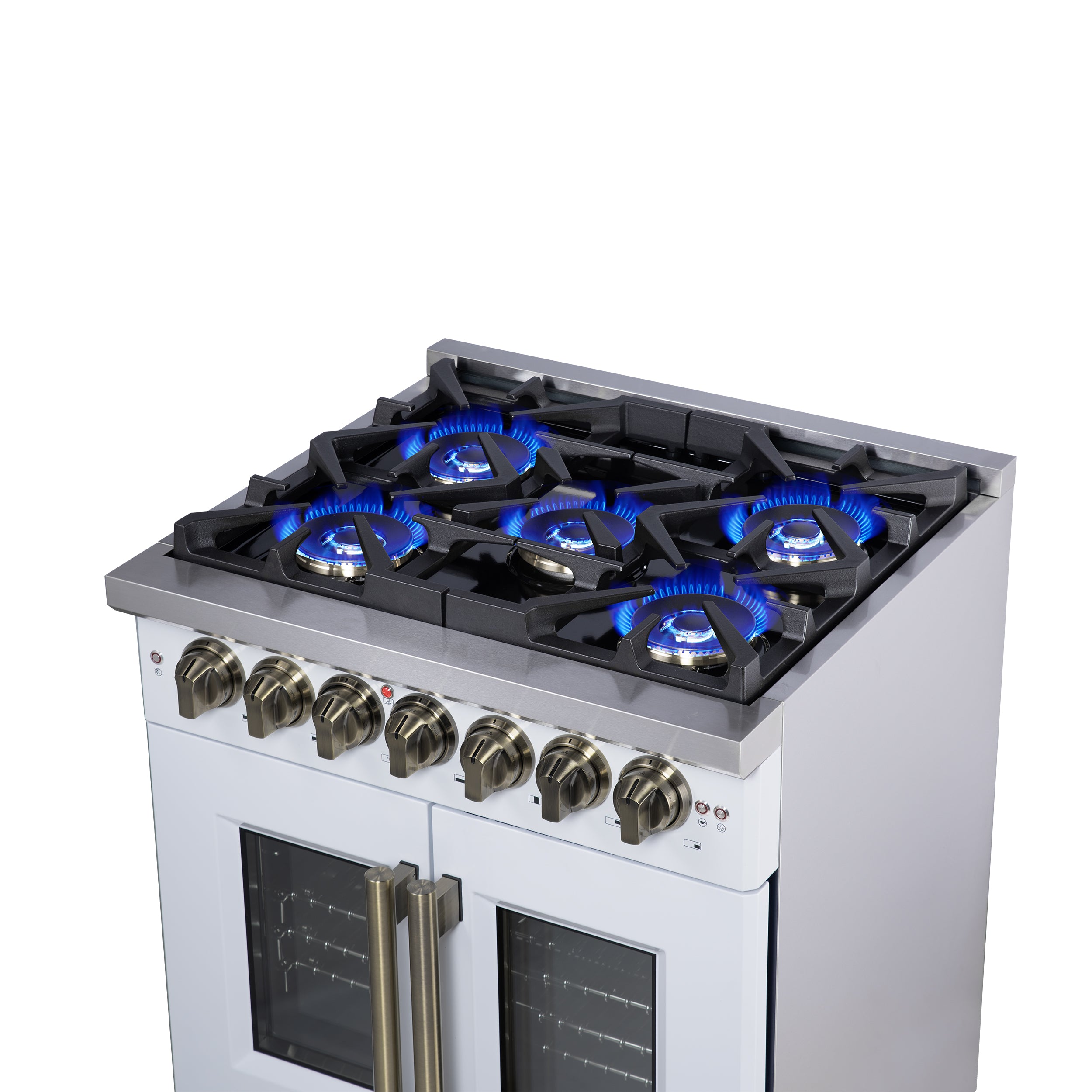 Capriasca 30-Inch Freestanding French Door Dual Fuel Range in with Antique Brass Accessories, 5 Burners, True Convection Oven FFSGS638730WHT