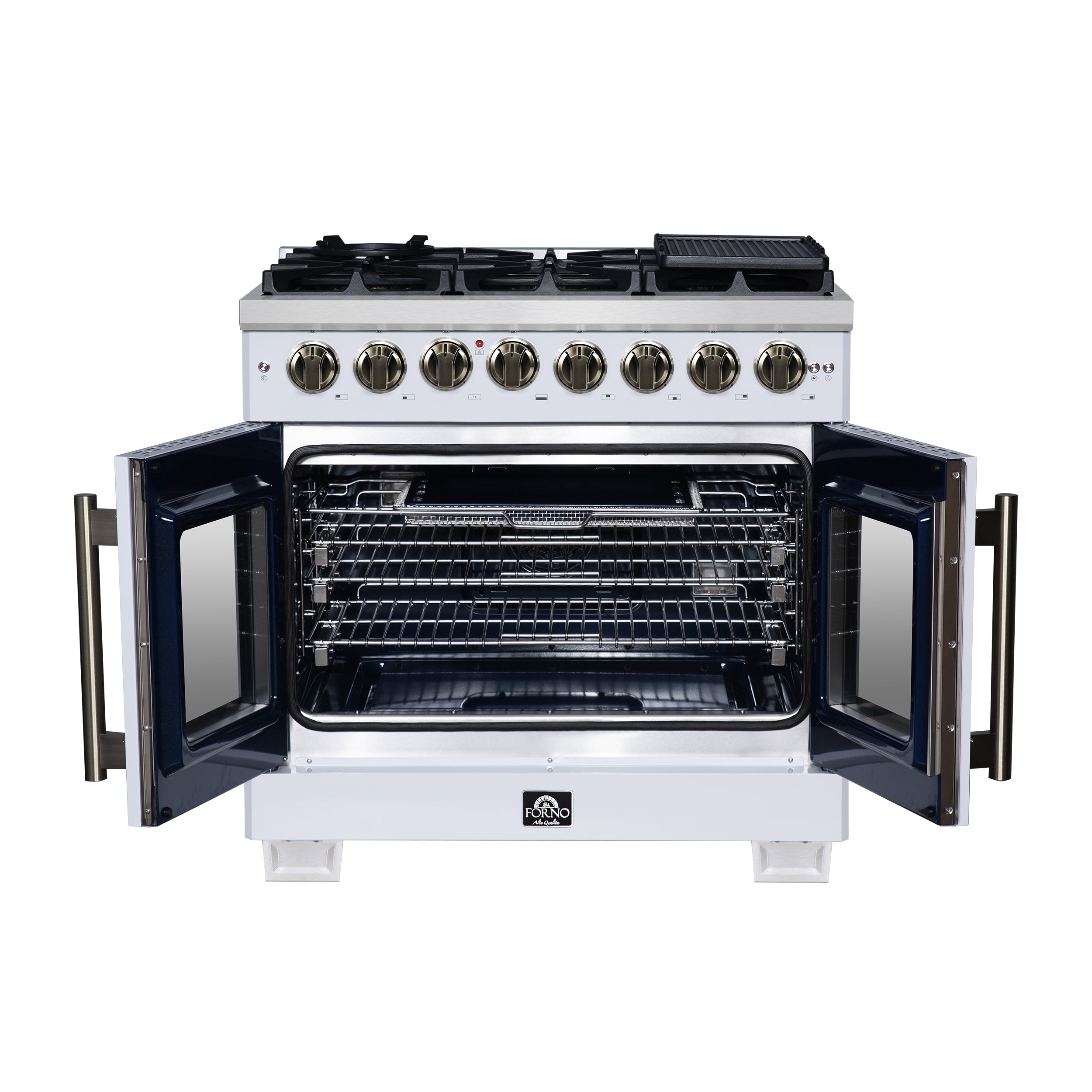 Capriasca 36 Inch Freestanding French Door Dual Fuel Range in with Antique Brass Accessories, 6 Burners, True Convection Oven FFSGS638736WHT