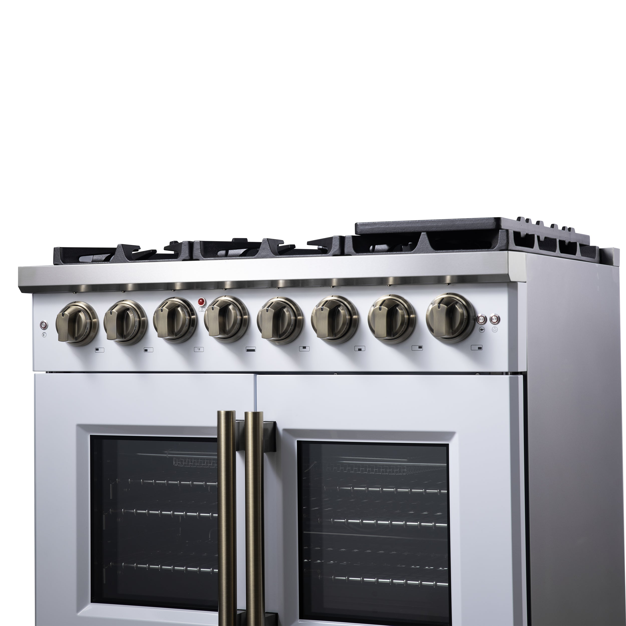 Capriasca 36 Inch Freestanding French Door Dual Fuel Range in with Antique Brass Accessories, 6 Burners, True Convection Oven FFSGS638736WHT