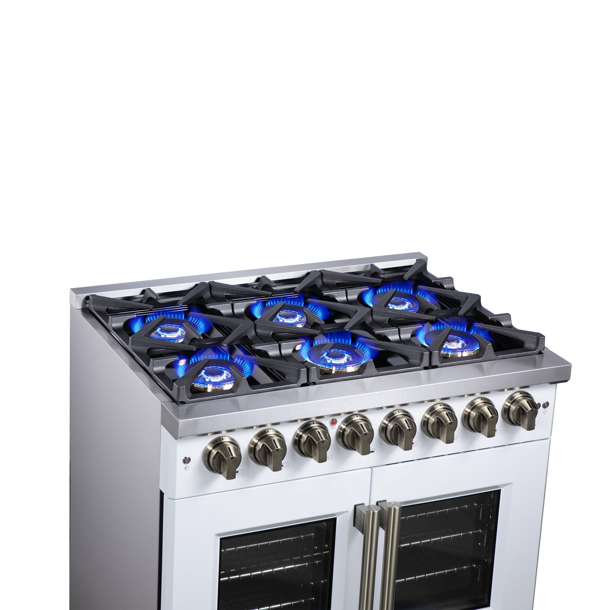 Capriasca 36 Inch Freestanding French Door Dual Fuel Range in with Antique Brass Accessories, 6 Burners, True Convection Oven FFSGS638736WHT