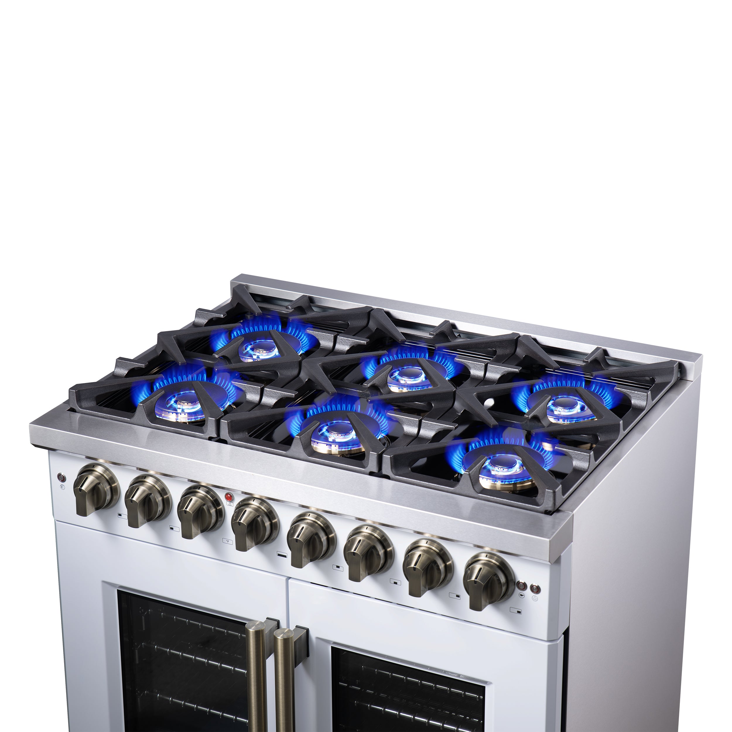 Capriasca 36 Inch Freestanding French Door Dual Fuel Range in with Antique Brass Accessories, 6 Burners, True Convection Oven FFSGS638736WHT