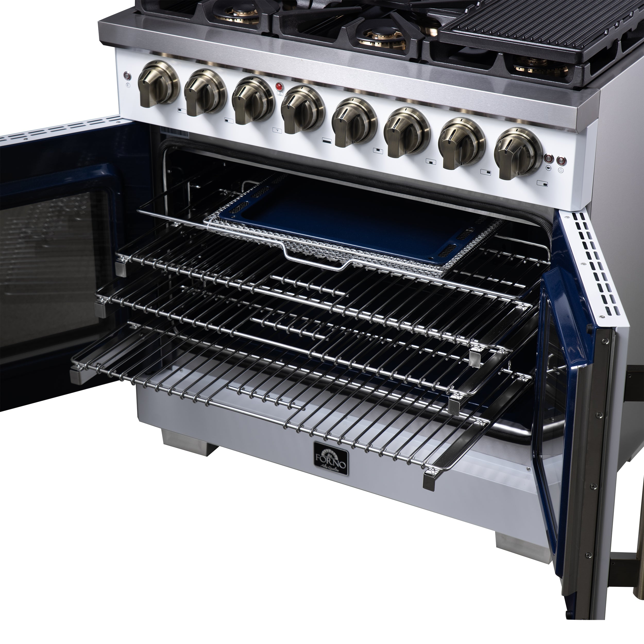 Capriasca 36 Inch Freestanding French Door Dual Fuel Range in with Antique Brass Accessories, 6 Burners, True Convection Oven FFSGS638736WHT